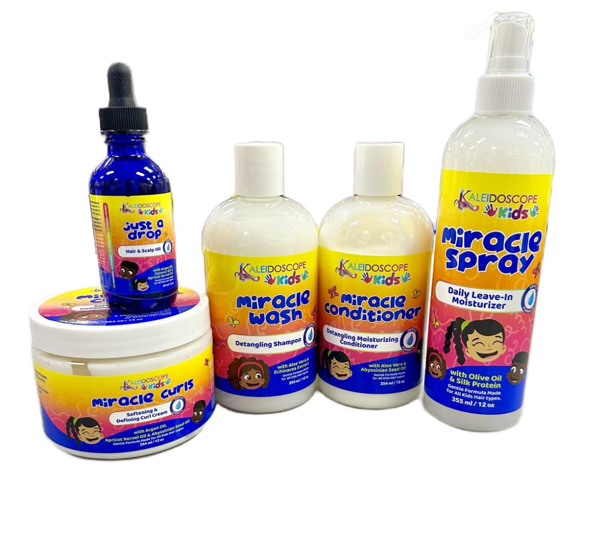 Kaleidoscope Kids Hair Care Set - Detangling Shampoo, Leave-in Conditioner, Curl Cream, Miracle Spray & Nourishing Hair Oil | Gentle Formulas for Kids' Curly, Wavy & Straight Hair | Perfect for Daily Hair Care, Detangling & Styling