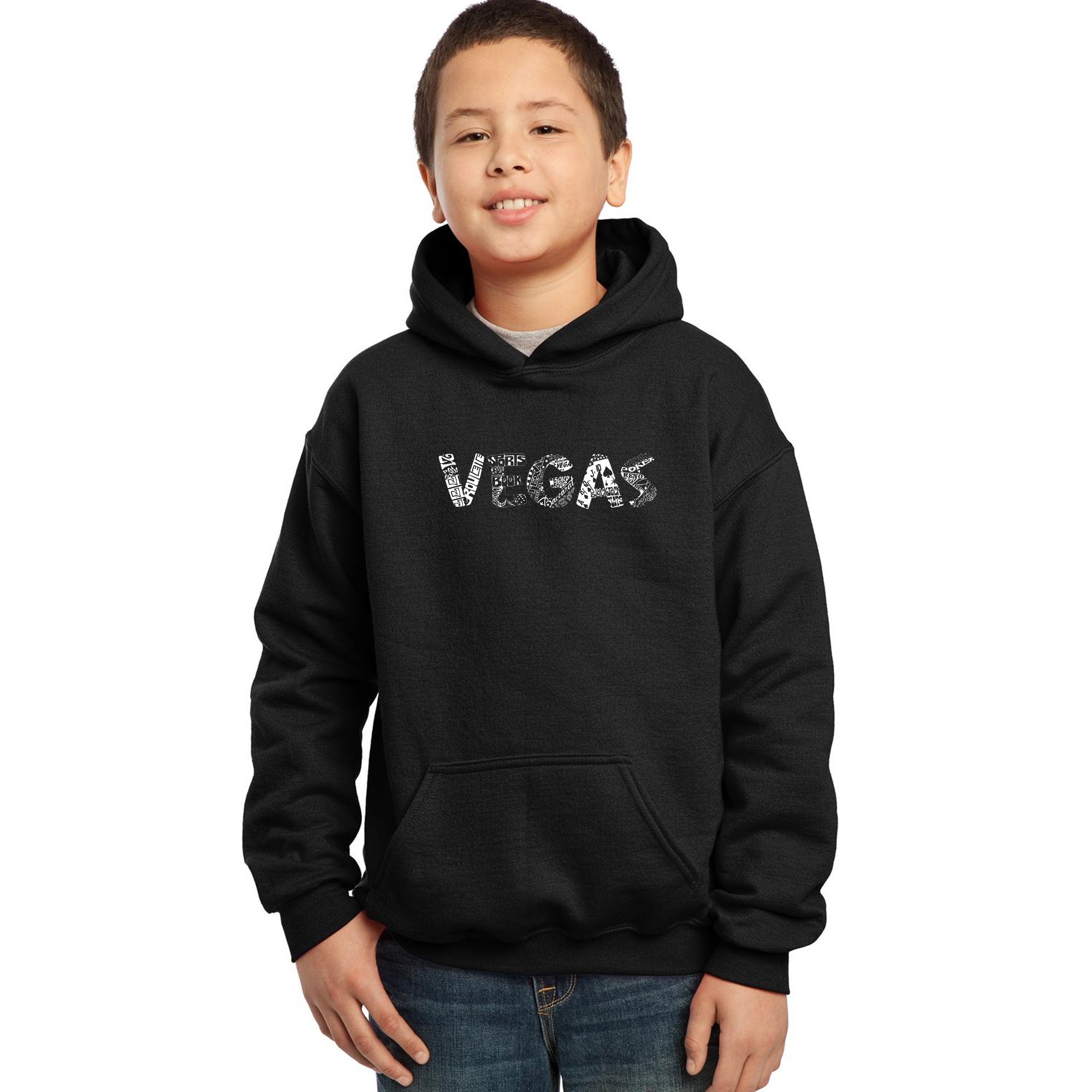 Boys' Word Art Hooded Sweatshirt - VEGAS & LA Pop Art Design | Trendy Graphic Pullover for Casual Wear & Street Style