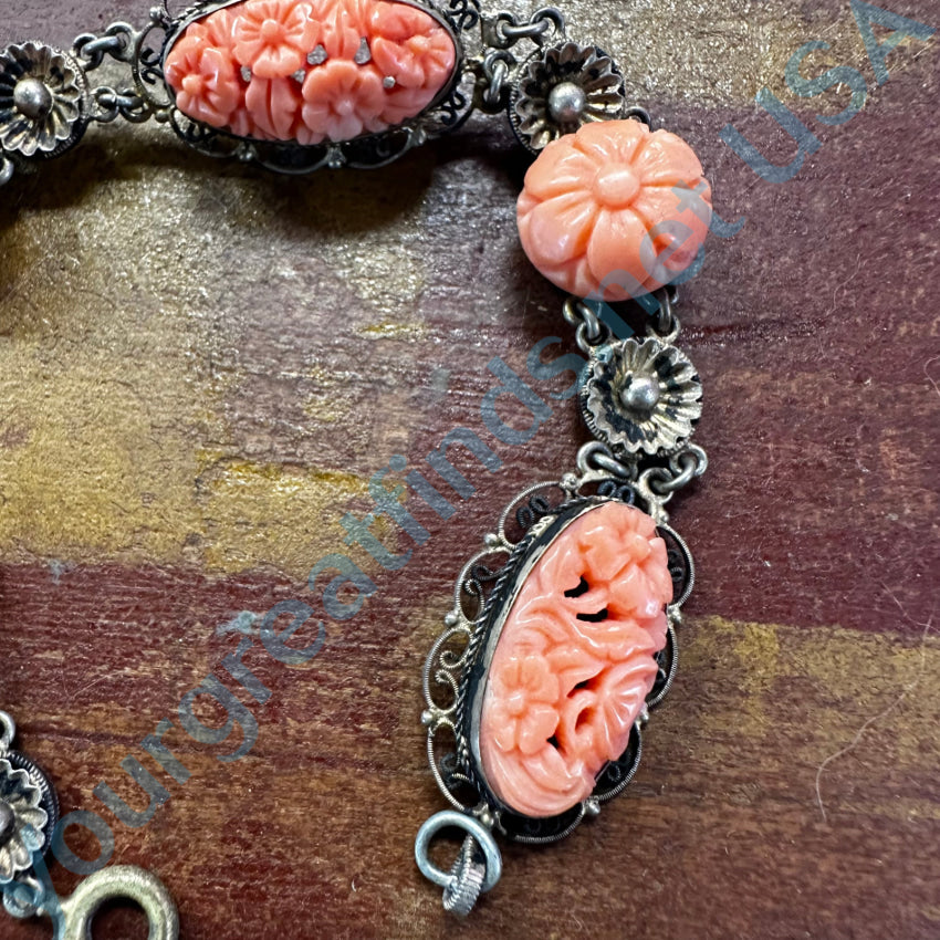 Vintage Gold Over Sterling Silver Filigree Carved Coral Bracelet - Handmade Jewelry for Women, Boho Chic Accessories, Perfect for Weddings, Parties & Special Occasions