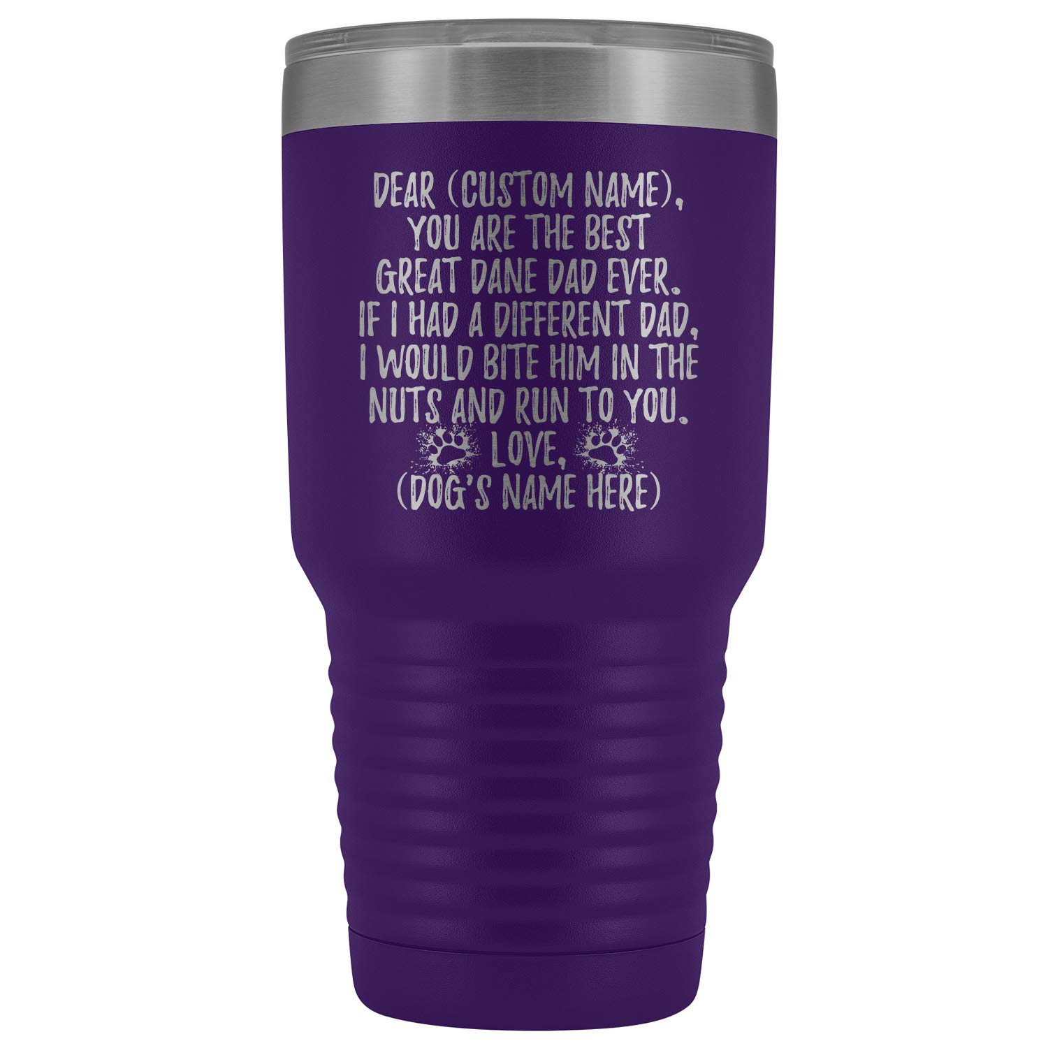 Personalized Great Dane Dog Dad Tumbler - 30oz Insulated Stainless Steel Cup for Dog Lovers - Custom German Mastiff Owner Gift for Men (Purple) - Perfect for Coffee, Tea & Outdoor Adventures with Your Gentle Giant
