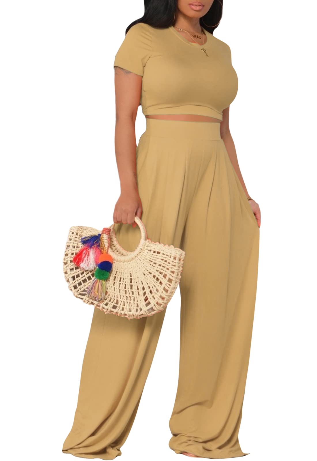 Stylish Women's 2-Piece Summer Outfit Set - Short Sleeve Crop Top & High Waist Wide Leg Pants | Casual Beachwear, Vacation Outfits, Street Style Fashion