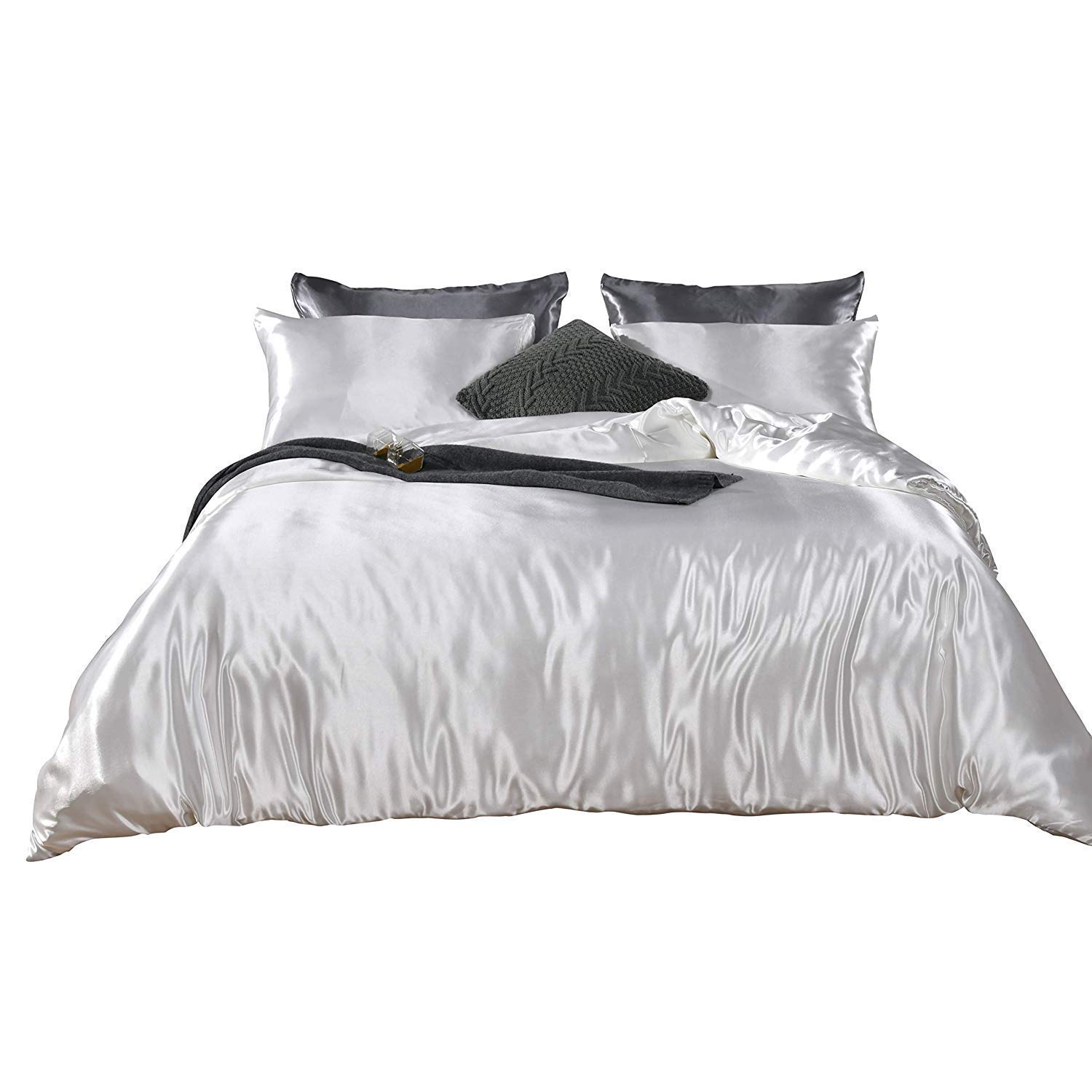 Luxury Ultra Soft Silk Satin King Size White 4-Piece Duvet Cover Set - Duvet Cover + 19
