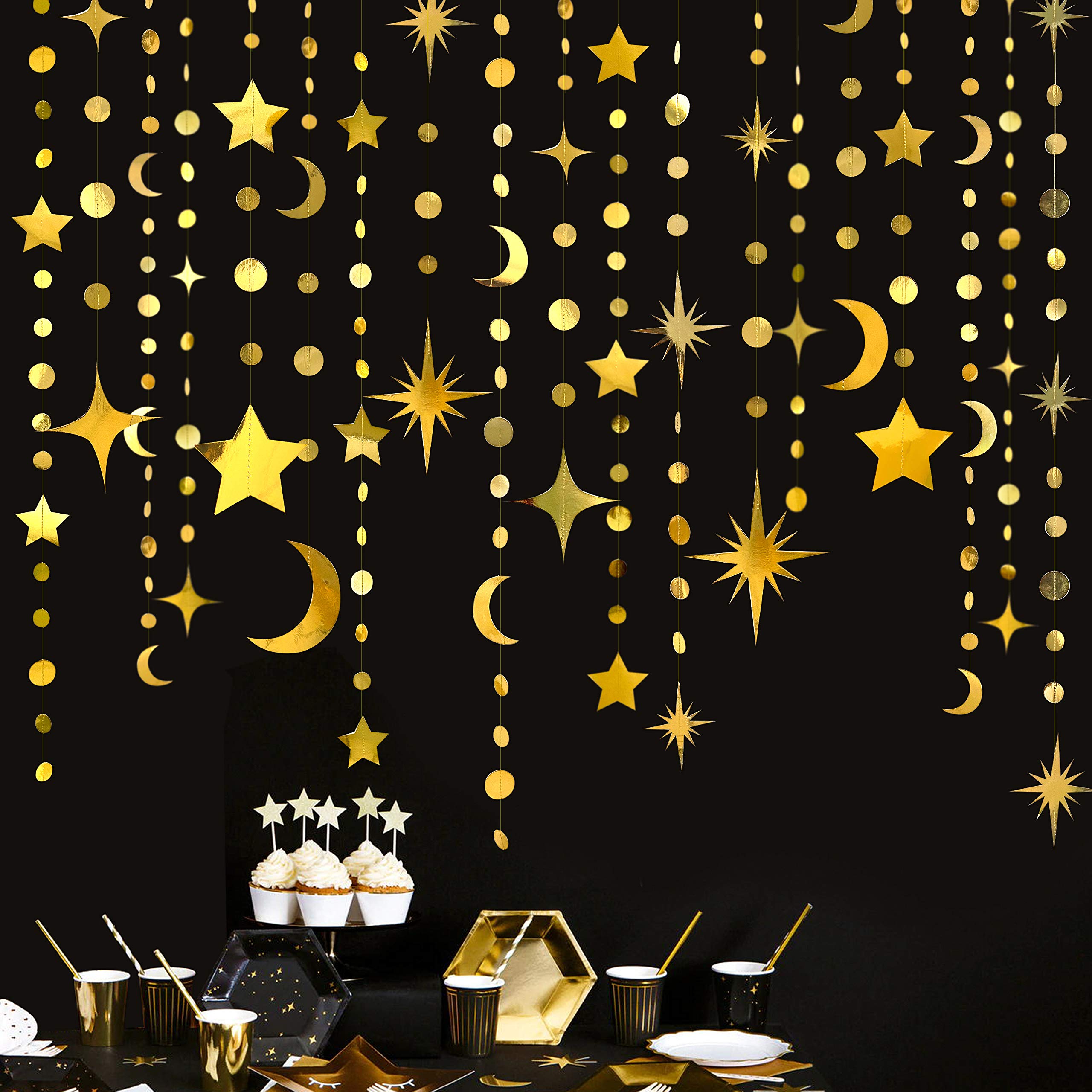 Gold Star Moon Circle Dot Garland Party Decorations Kit - Hanging Crescent & Twinkle Star Streamer Bunting Banner for Kids Room, Birthday, Ramadan, EID, Baby Shower, Wedding, Engagement - Perfect for Nursery Decor, Islamic Celebrations & Festive Events