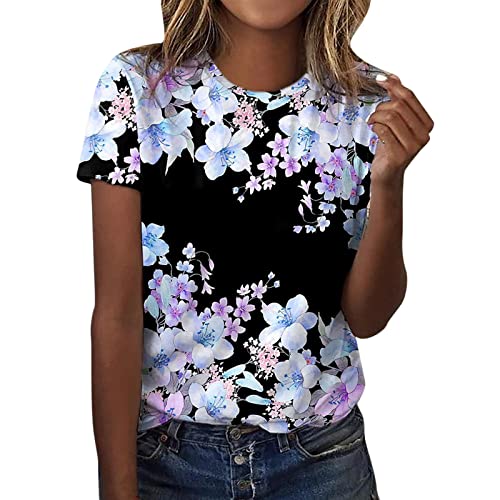 YOYORI Women's Floral Printed Short Sleeve Crew Neck T-Shirt - Summer Casual Top, Plus Size Tee in Blue (Size S) - Perfect for Beach Outings, Picnics & Everyday Wear