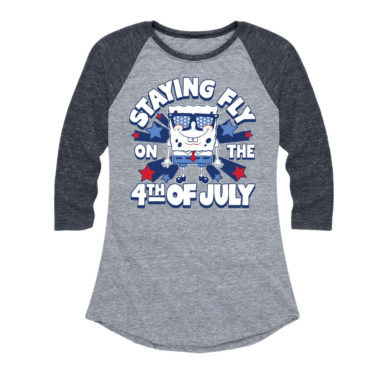 Spongebob Squarepants 4th of July Graphic T-Shirt for Women - Soft Raglan Sleeve Tee - Patriotic Holiday Casual Wear - Perfect for Independence Day Celebrations & Summer Outfits