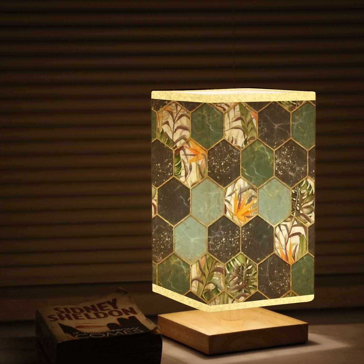 Hexagon Marble Table Lamp with Gold Tropical Plants & Wooden Base - Dimmable Nightstand Lamp with Flaxen Fabric Shade for Bedroom, Living Room, Office - Perfect for Reading, Relaxing & Home Decor