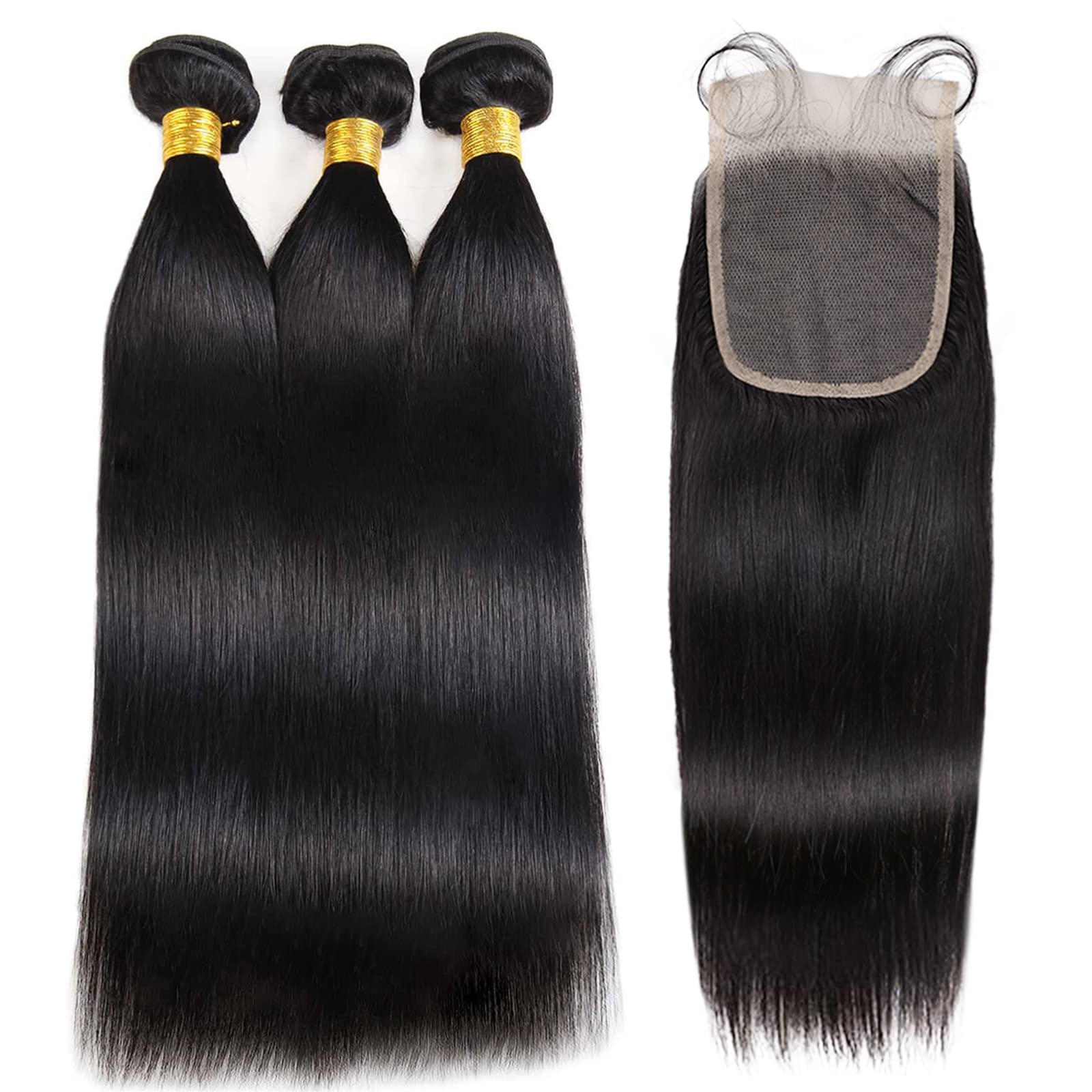 3 Bundles Brazilian Straight Human Hair with Lace Closure (20 22 24+18 Inches) 100% Unprocessed Remy Virgin Hair Weave - 4x4 Free Part, Double Weft, Black Natural Color | Perfect for Protective Styles, Wig Making & Everyday Wear