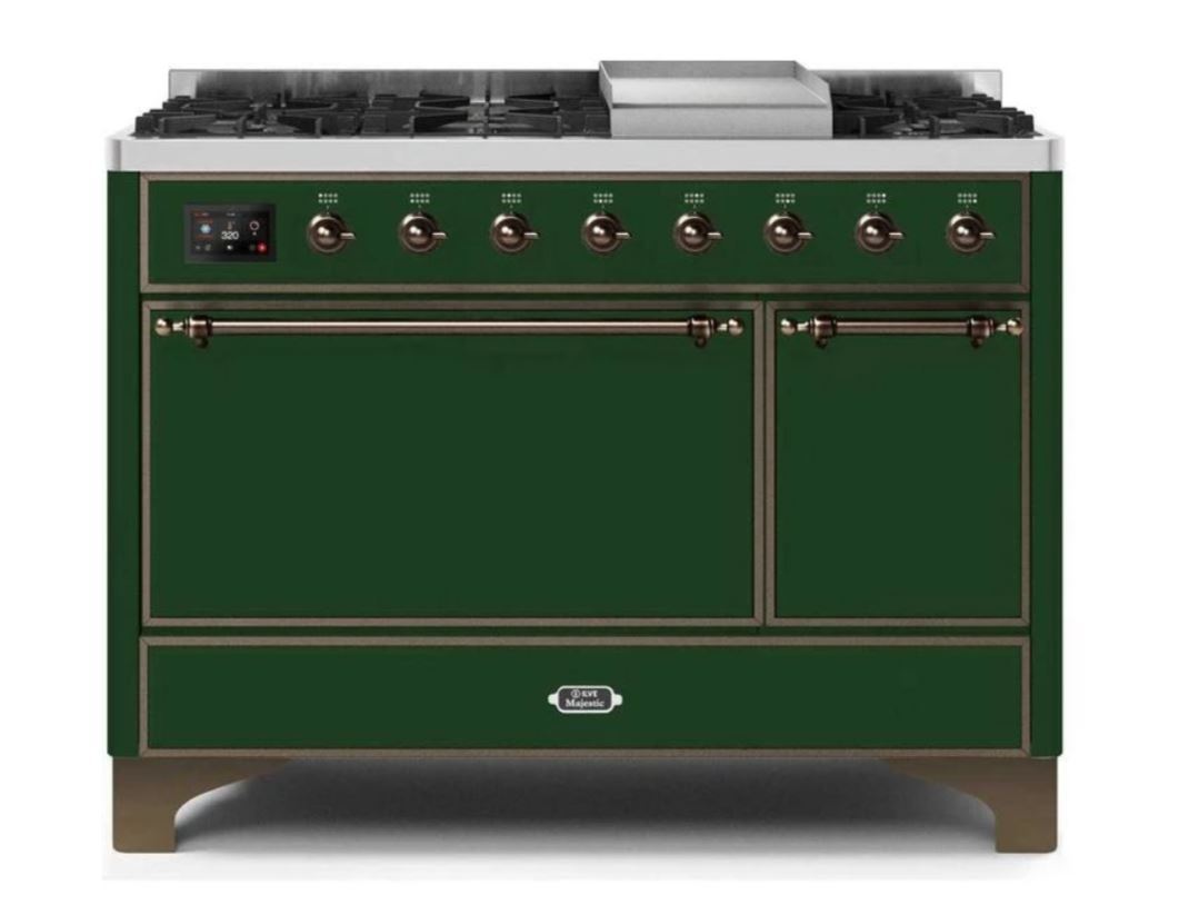 ILVE 48 Inch Majestic II Series Freestanding Dual Fuel Range - 8 Sealed Brass Burners with Non-Stick Coating & Griddle - Propane Gas Stove for Professional Home Kitchen (UM12FDQNS3) | Perfect for Large Family Cooking, Holiday Entertaining & Gourmet Meal Preparation