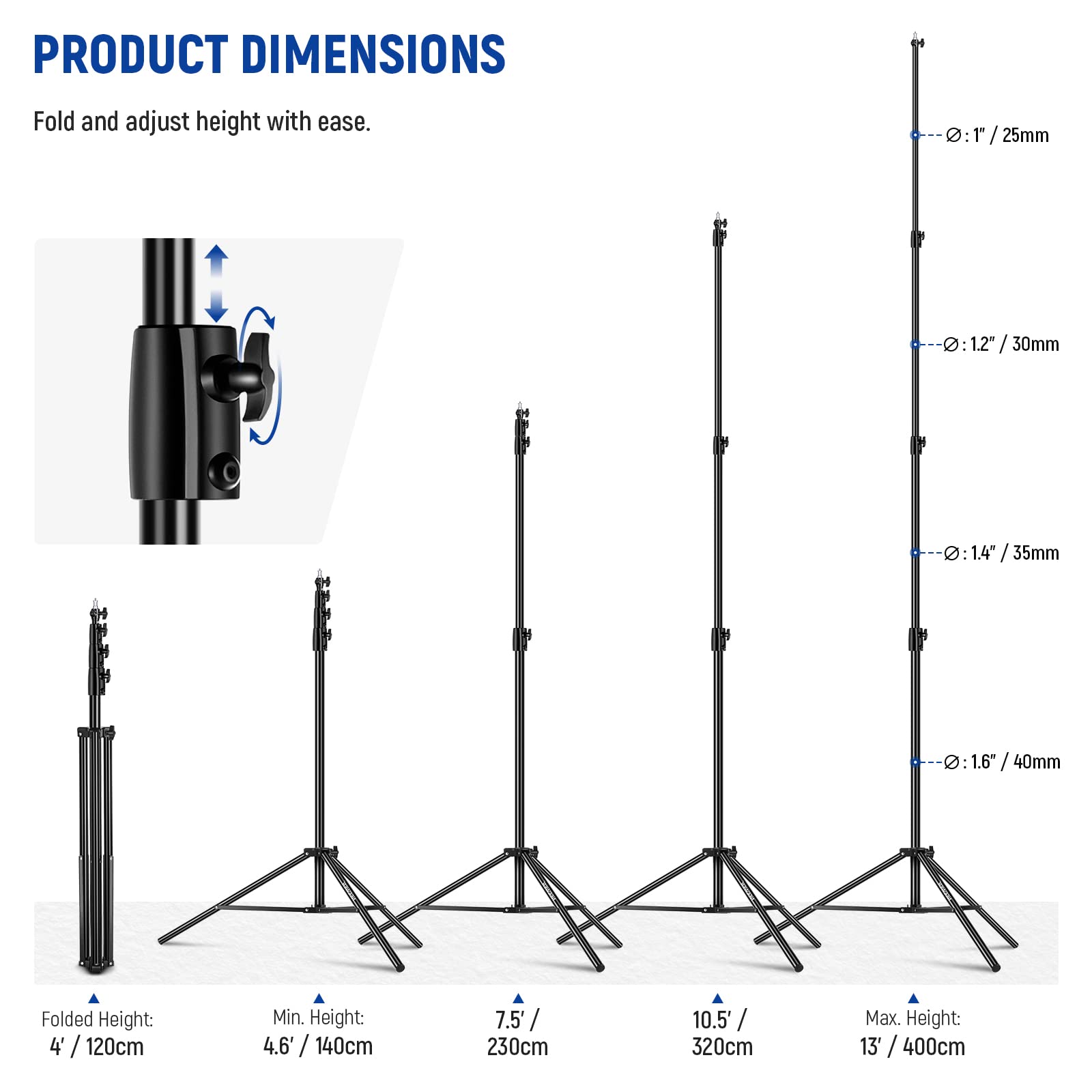 NEEWER 13ft/4m Heavy Duty Air Cushioned Light Stand - All Metal Photography Tripod with 1/4” to 3/8” Reversible Spigot, 3-Way Mounting & Metal Locking Knobs (Max Load 6.5lb/3kg) - Perfect for Studio, Portrait, and Video Lighting Setups