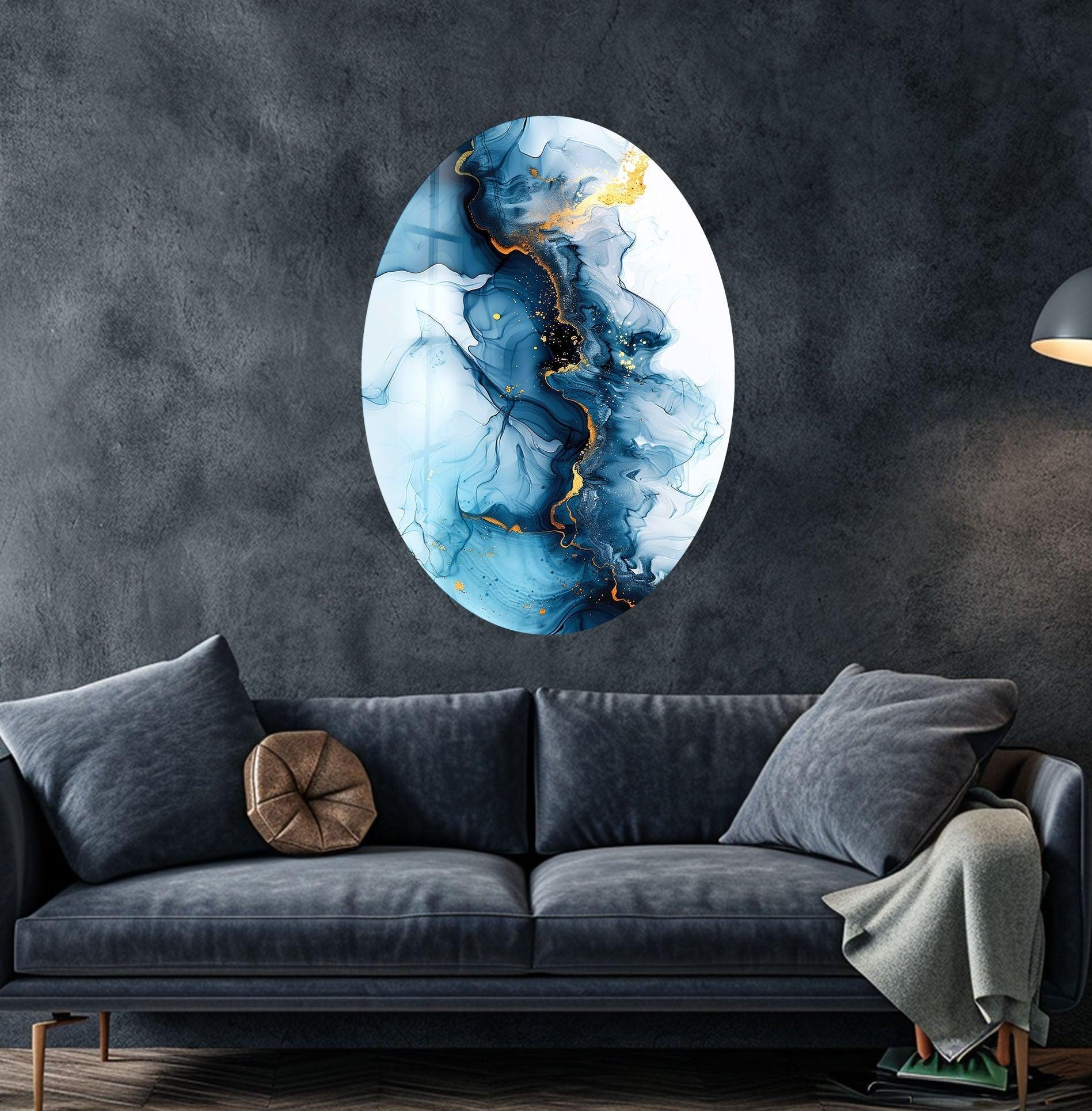 Asymmetric Oval Navy Blue Glass Wall Art - Modern Abstract Home Decor for Living Room, Bedroom, Office - Handmade Glass Wall Hanging for Unique Interior Design