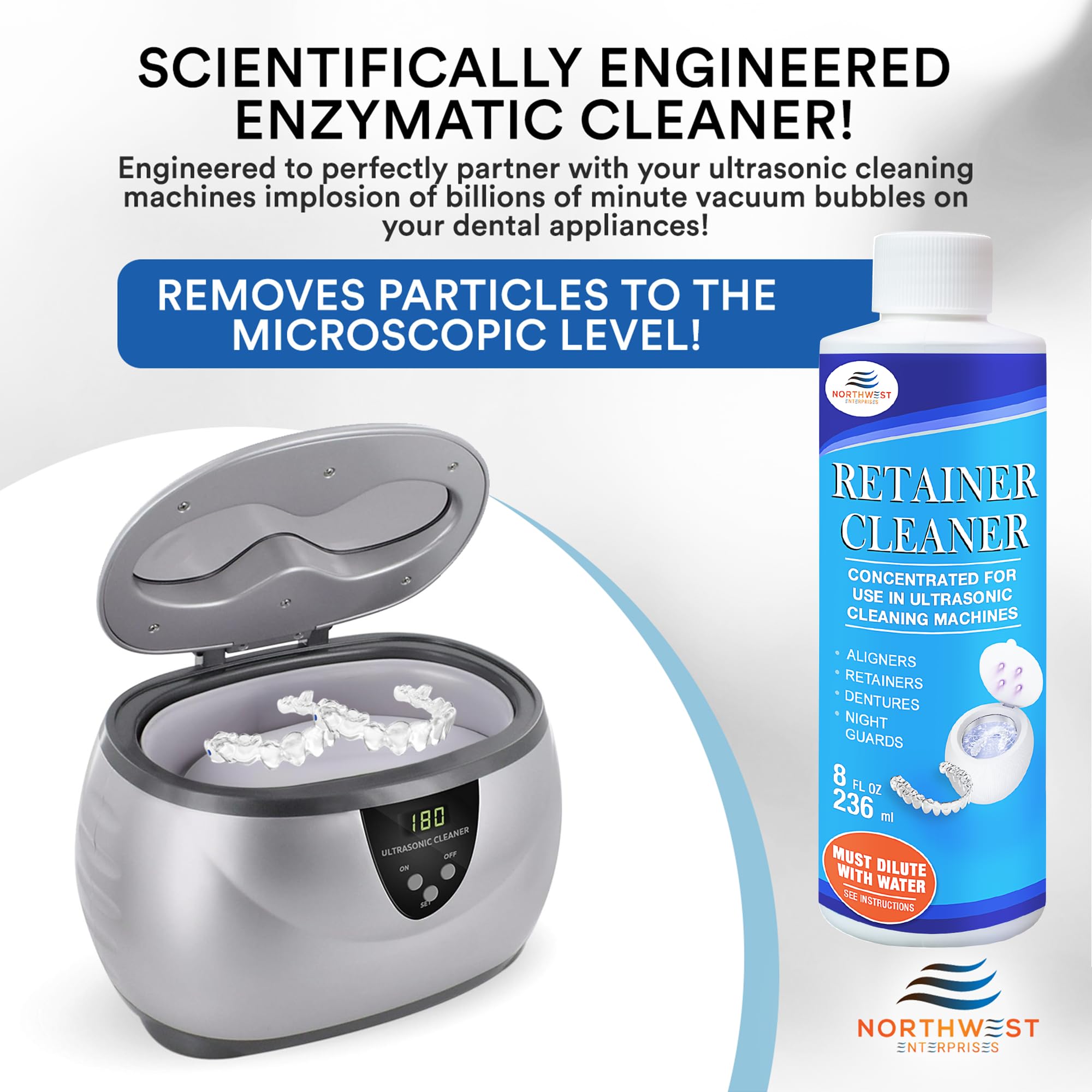 Premium Ultrasonic Retainer & Denture Cleaner Solution Concentrate (16 oz) - Removes Odor, Stains & Discoloration - Safe for Mouthguards, Invisalign, Night Guards - Ideal for Daily Dental Appliance Cleaning at Home
