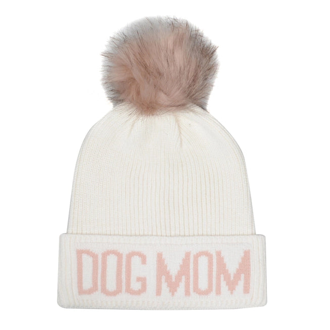 Dog Mom Pompom Knit Beanie - Cute Winter Hat for Dog Lovers - Perfect for Cold Weather, Outdoor Activities & Pet Photoshoots