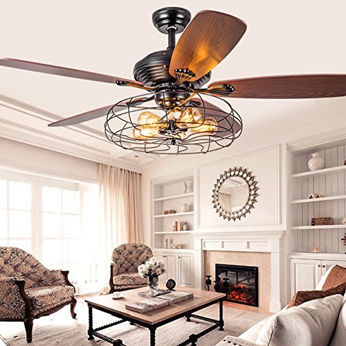 42 Inch Industrial Semi Flush Ceiling Fan with Light - Vintage Antique Rustic Style Remote Controlled Chandelier Cage Pendant Light for Dining Room, Bar, Coffee Shop & Home Office