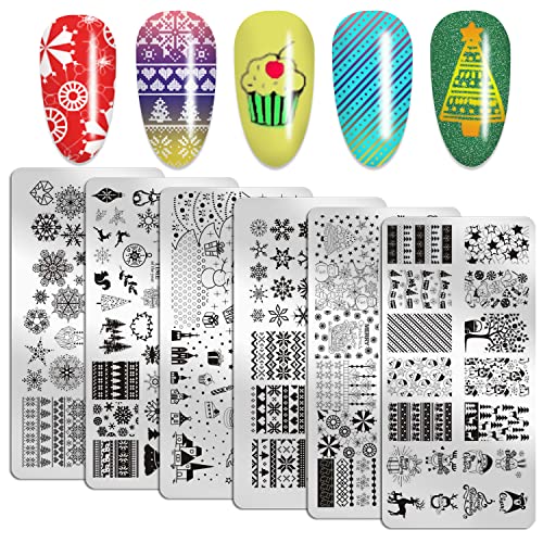 6Pcs Christmas Nail Stamping Plates Set - Santa Claus, Elk, Snowflakes & Tree Designs | Professional Nail Art Stamping Kit with Image Templates | Perfect for Holiday Manicures & DIY Christmas Nail Designs