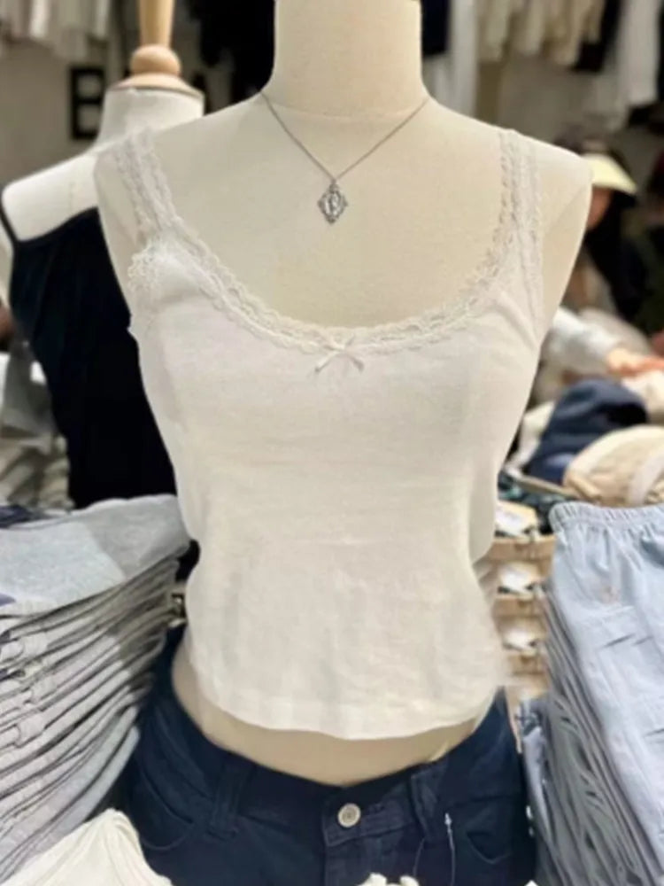 Women's Casual Soft Cotton White Bow Tank Top - Vintage Summer Sleeveless Blouse with Lace Trim & O-Neck Design | Perfect for Beach Outfits, Date Nights & Boho Fashion