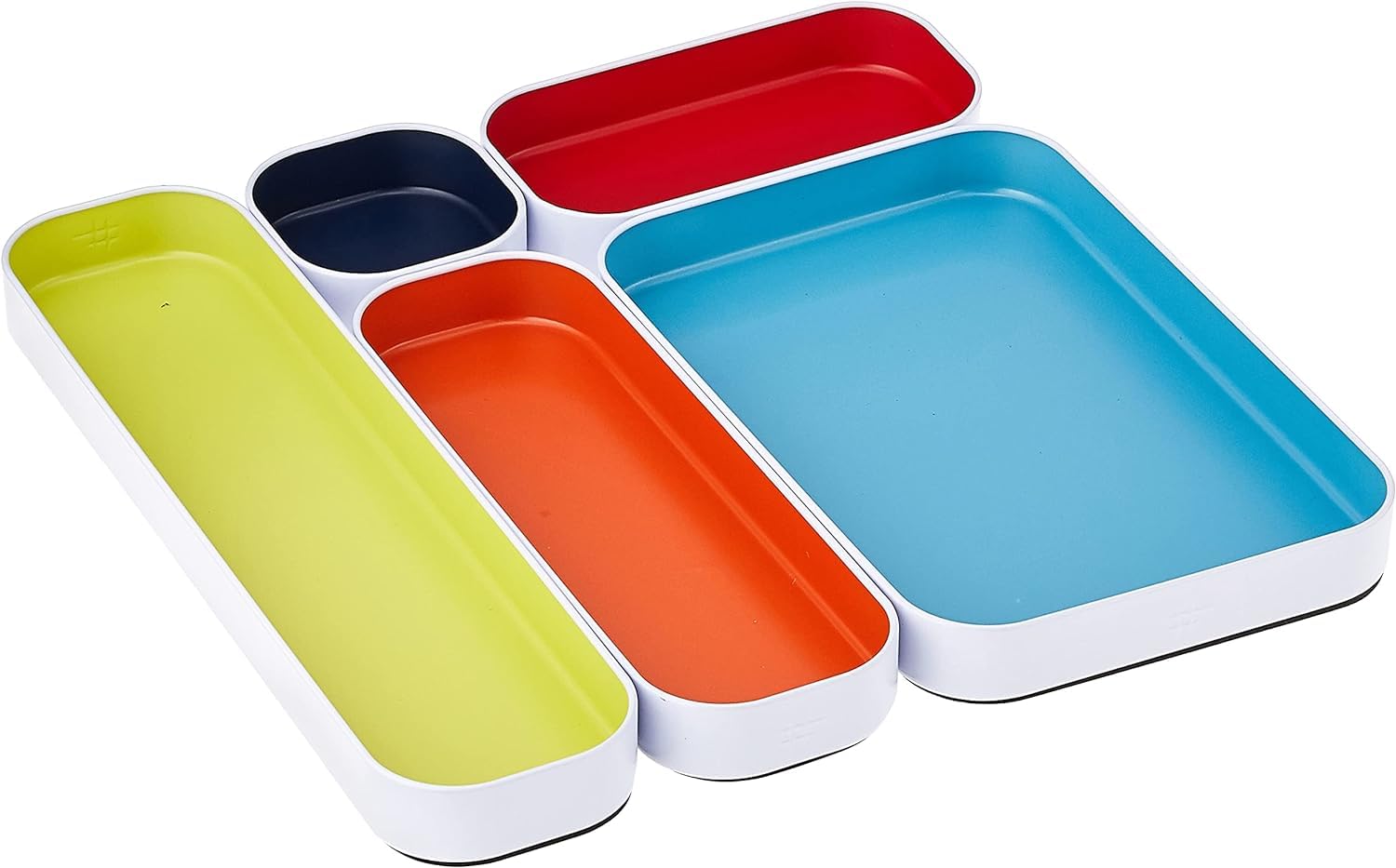 Three by Three Seattle 5-Piece Shallow Metal Organizer Tray Set (1 Inch) - Multicolor Drawer Organizers for Makeup, Stationery, Utensils | Perfect for Office Desk, Kitchen & Bathroom Storage | Space-Saving Solution for Home & Office Organization