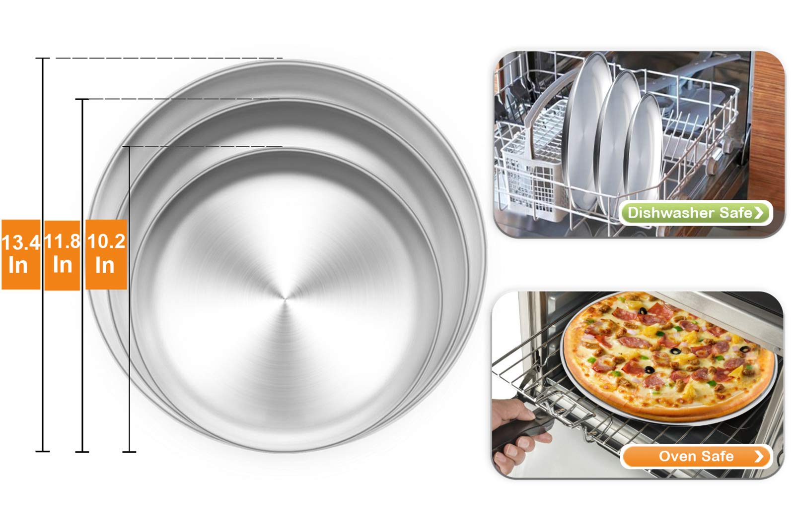 TeamFar 3-Piece Stainless Steel Pizza Pan Set (10”, 12”, 13.4”) - Heavy Duty, Rust-Free Baking Pans for Oven, Dishwasher Safe - Perfect for Home Kitchen, Restaurant & Outdoor Pizza Parties