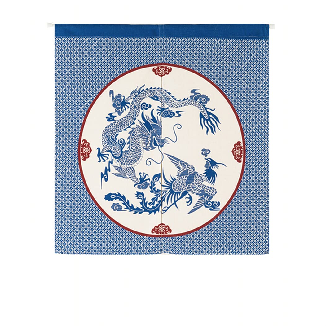 Japanese Noren Door Curtain - Traditional Chinese Dragon & Phoenix Design Tapestry, 33.5