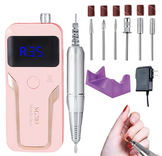 35000RPM Professional Electric Nail Drill Kit - Rechargeable Portable Nail File Machine with 7 Drill Bits for Acrylic, Gel & Natural Nails - Perfect for Home Salon, Nail Extensions & Manicure Care (Pink)