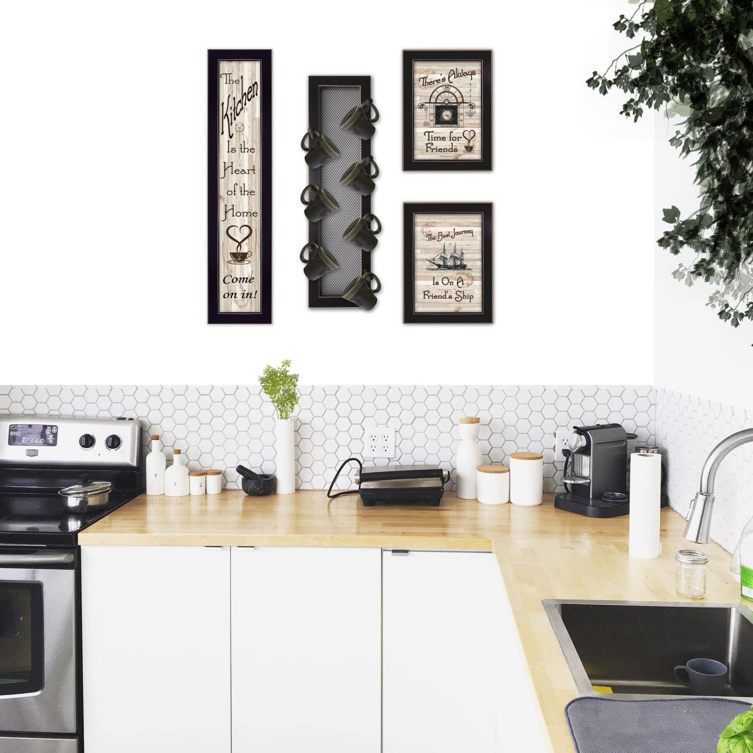 4-Piece Black Wooden Mug Rack Set with 7 Pegs - Kitchen Wall Organizer for Coffee Cups & Mugs by Millwork Engineering - Perfect for Small Spaces & Coffee Bar Decor