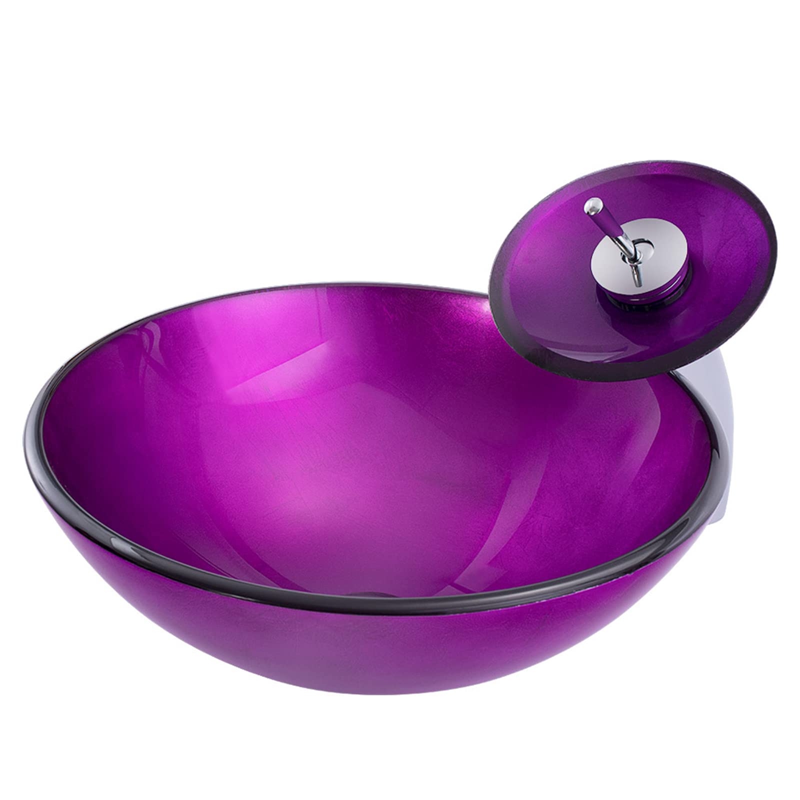 Purple Artistic Tempered Glass Vessel Sink with Brass Waterfall Faucet - Round Bathroom Vanity Sink Combo for Countertop Installation - Includes Chrome Pop-Up Drain - Perfect for Modern Master Bathrooms & Powder Room Renovations