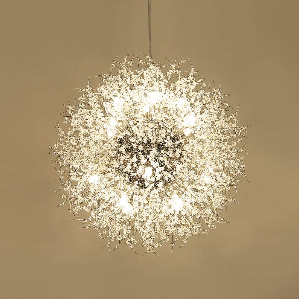 Modern Crystal Chandelier - Chrome Firework Dandelion Sputnik Pendant Light Fixture, 16-Light Dining Room Chandelier for Bedroom, Kitchen & Living Room Lighting | Elegant Home Decor for Parties & Romantic Dinners