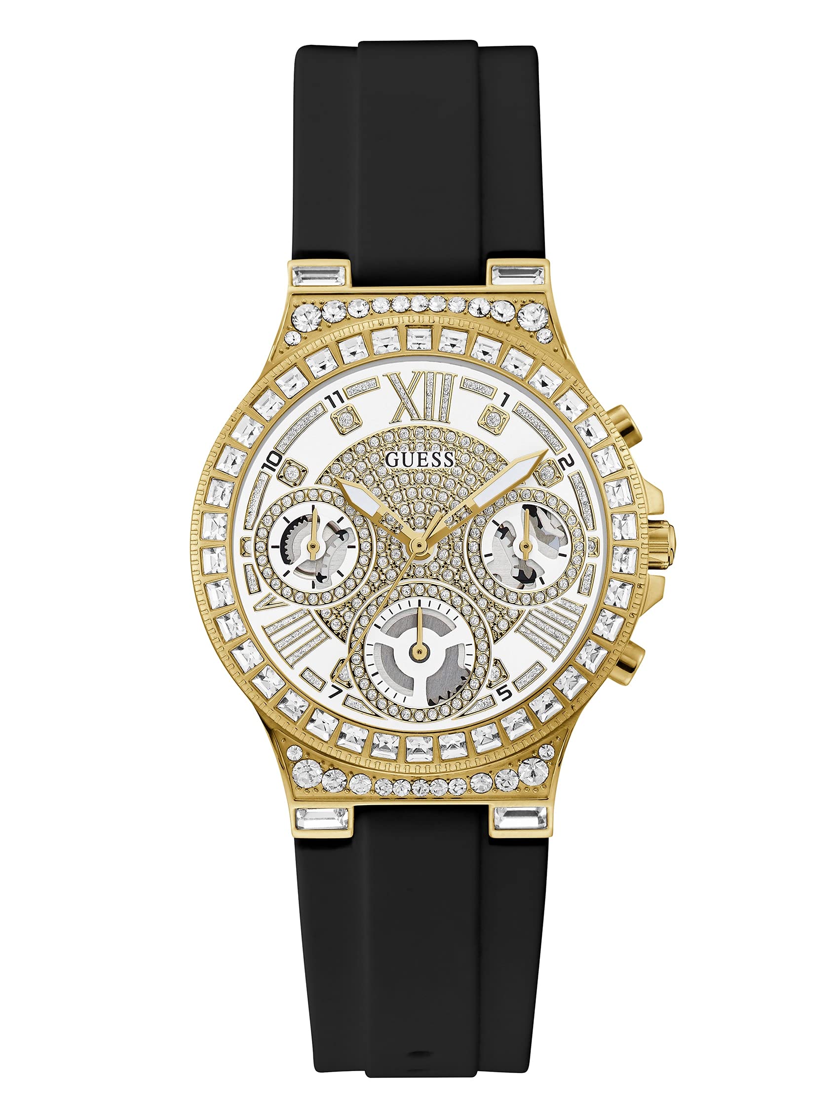 GUESS US Women's Gold-Tone Rhinestone Watch - Elegant Multifunctional Timepiece for Women, Perfect for Office, Party & Everyday Wear