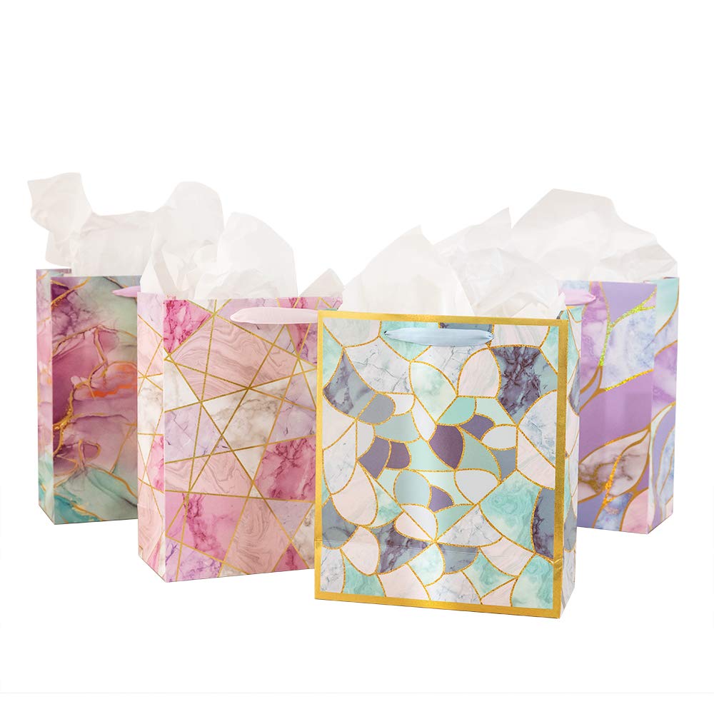 Valentine's Day Holiday Gift Bags - Assorted 4 Metallic Foil Designs (Blue, Pink, Purple, Cyan) - Perfect for Birthdays, Christmas, Baby Showers, Weddings, Parties & Anniversaries - Great for Gift Wrapping, Party Favors & Special Occasions