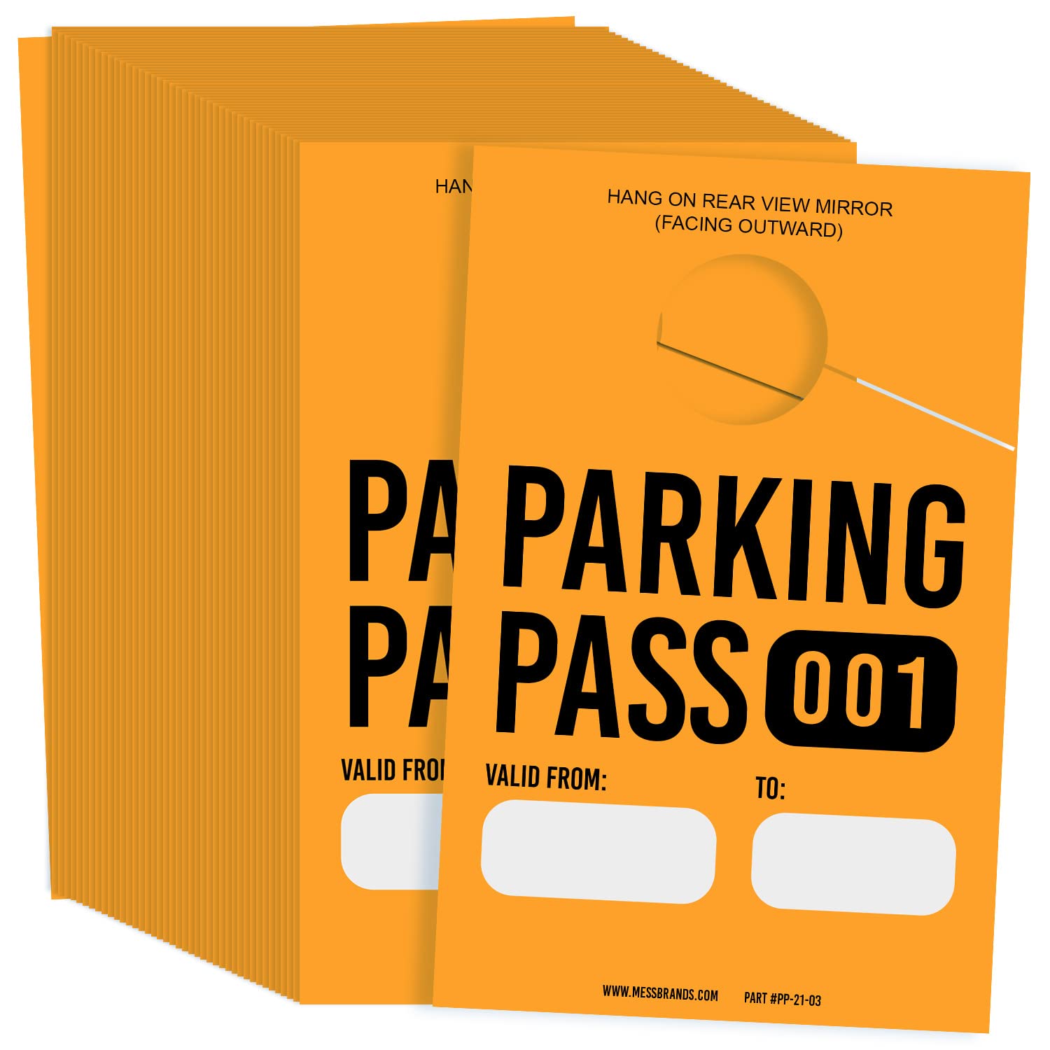 Numbered MESS Parking Permit Hang Tag (001-500) - 3x5 Orange Hanging Parking Pass for Rear View Mirror & Windshield - Durable Parking Lot Tags for Offices, Schools & Events