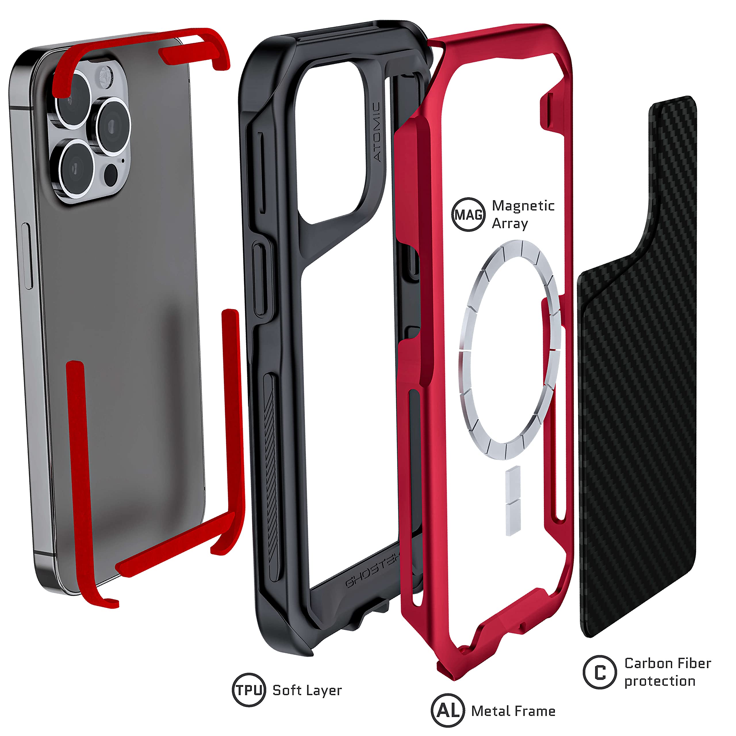 Ghostek ATOMIC Slim MagSafe iPhone 13 Case - Premium Carbon Fiber Back & Red Aluminum Bumper - Heavy Duty Protection for 2021 Apple iPhone 13 (6.1 inch) - Perfect for Outdoor Adventures & Daily Use