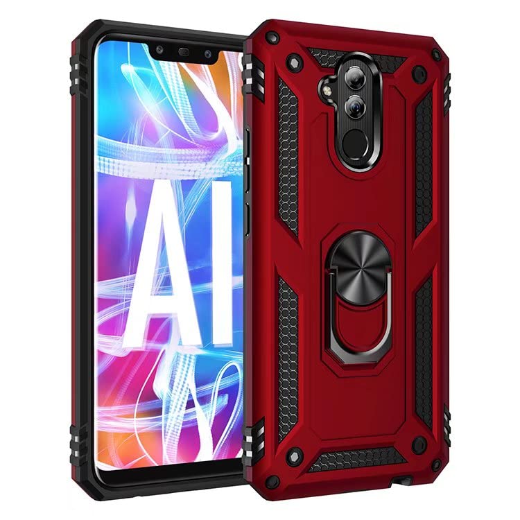 Shockproof Armor Case for Huawei Mate 20 Lite - Heavy Duty Dual Layer Hybrid Protection with 360° Rotating Metal Ring Stand & Magnetic Car Mount - Perfect for Work, Travel & Outdoor Activities (Red)