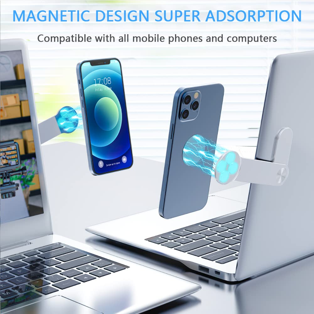 Grathia 2 Pack Magnetic Phone Holder for Laptop - Adjustable Foldable Cell Phone Stand, Portable Mobile Phone Mount with Side Clip - Perfect for Work, Study, Video Calls & Multi-Tasking (Silver + Grey)