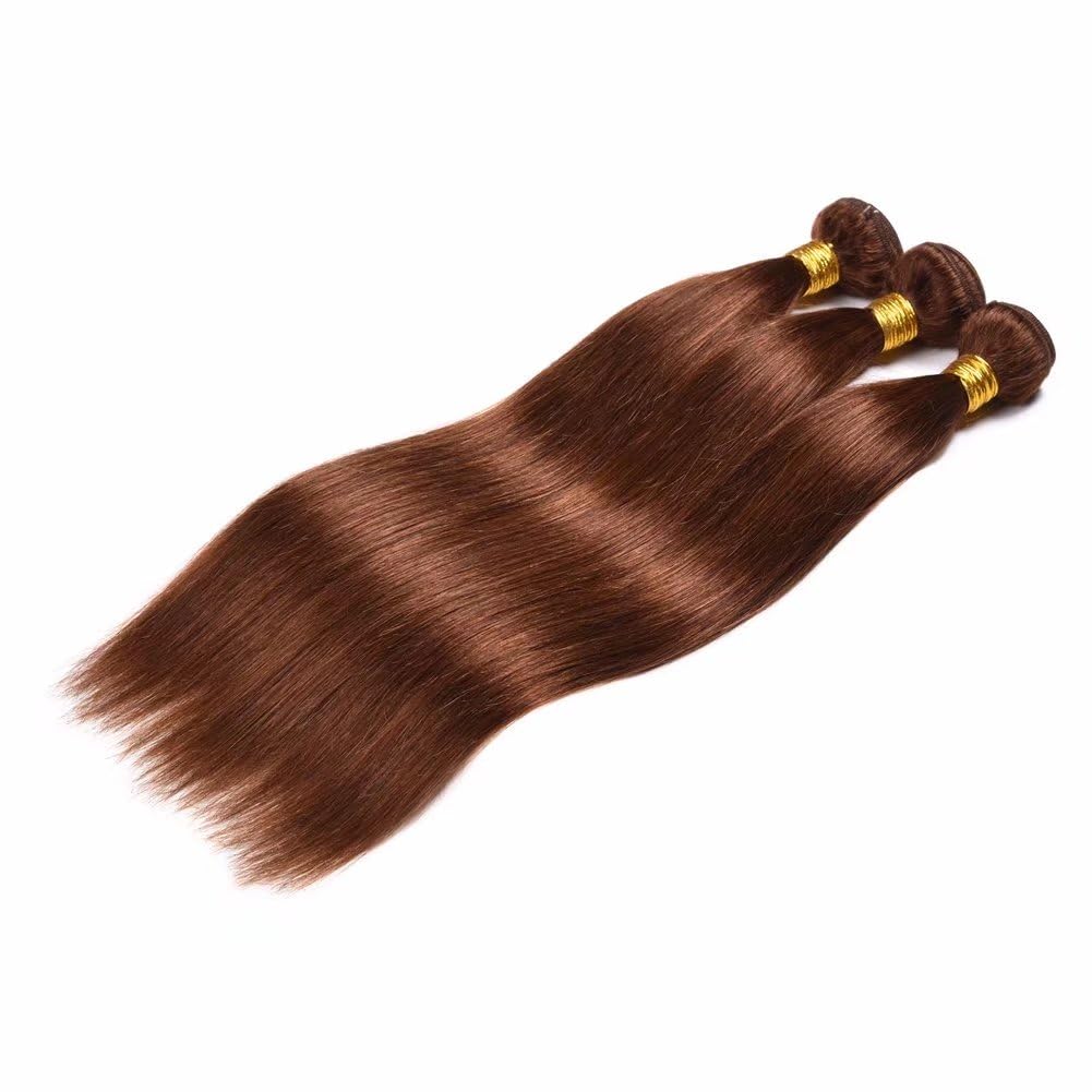 FEEL ME Brazilian Straight Hair Bundles - Color 4 Light Brown 100% Human Hair Weave - Soft Silky Unprocessed Virgin Hair - 3 Bundles (12 14 16 Inches) - Perfect for Sew-in Weaves, Clip-in Extensions & Natural Hairstyles