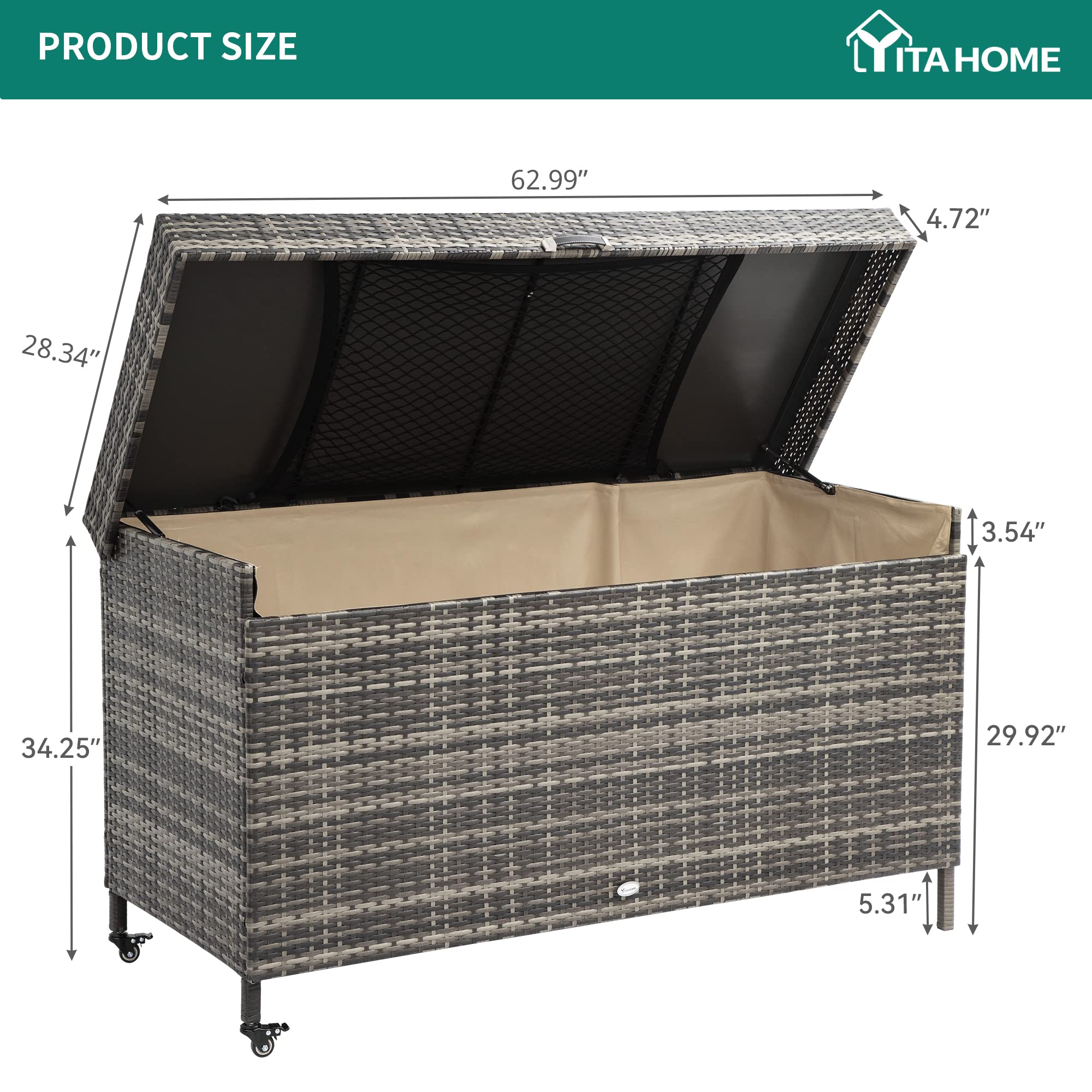 YITAHOME 200 Gallon Large Wicker Deck Box with Storage Net - XL Rattan Outdoor Storage Container for Patio Cushions, Garden Tools & Pool Equipment - Waterproof Furniture Cover for Backyard, Deck & Poolside (Grey)