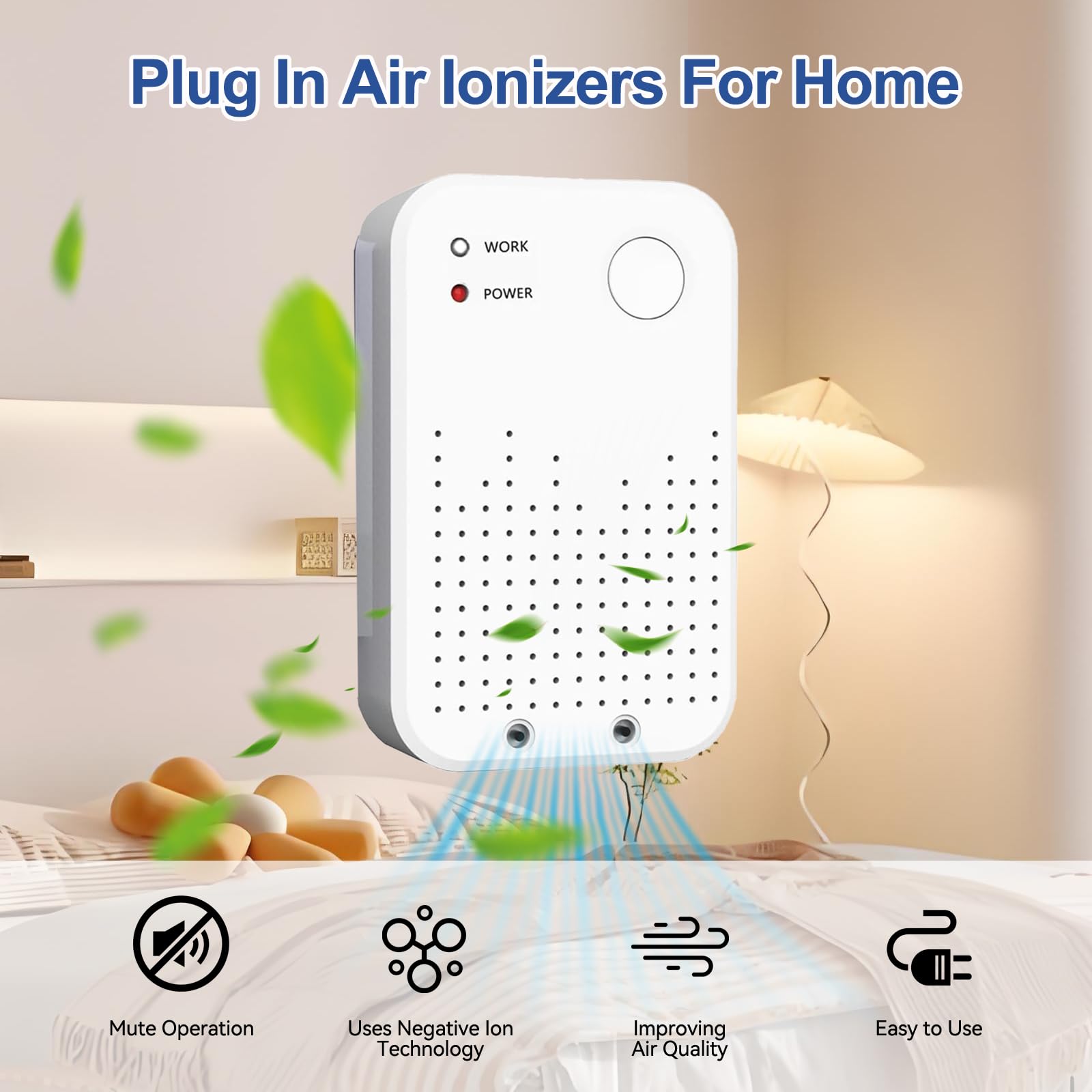 Best Air Ionizer for Home - Plug In Air Purifier, Quiet & Portable Negative Ion Generator for Bedroom, Office, Kitchen - Eliminate Odors & Allergens (1 Pack) - Perfect for Asthma Sufferers & Pet Owners
