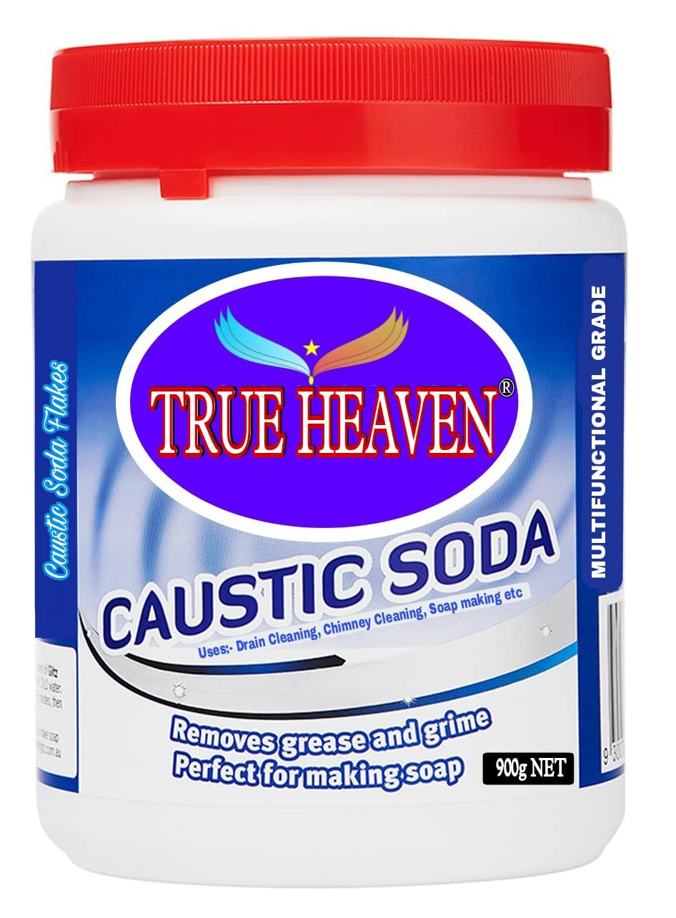 TRUE HEAVEN Caustic Soda 900g - Multi-Purpose Drain Cleaner, Chimney Cleaner & Soap Making Supplies - Heavy Duty Iron Stain Remover for Home & Industrial Use