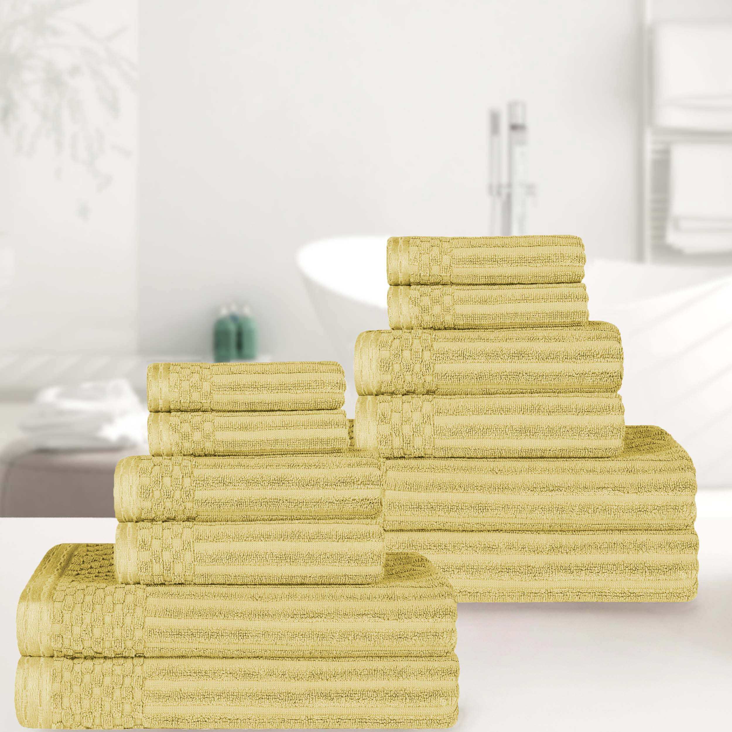 Premium 12-Piece Ribbed Textured Cotton Towel Set - Medium Weight Bath & Hand Towels for Spa, Guest Bathroom & Luxury Home Decor