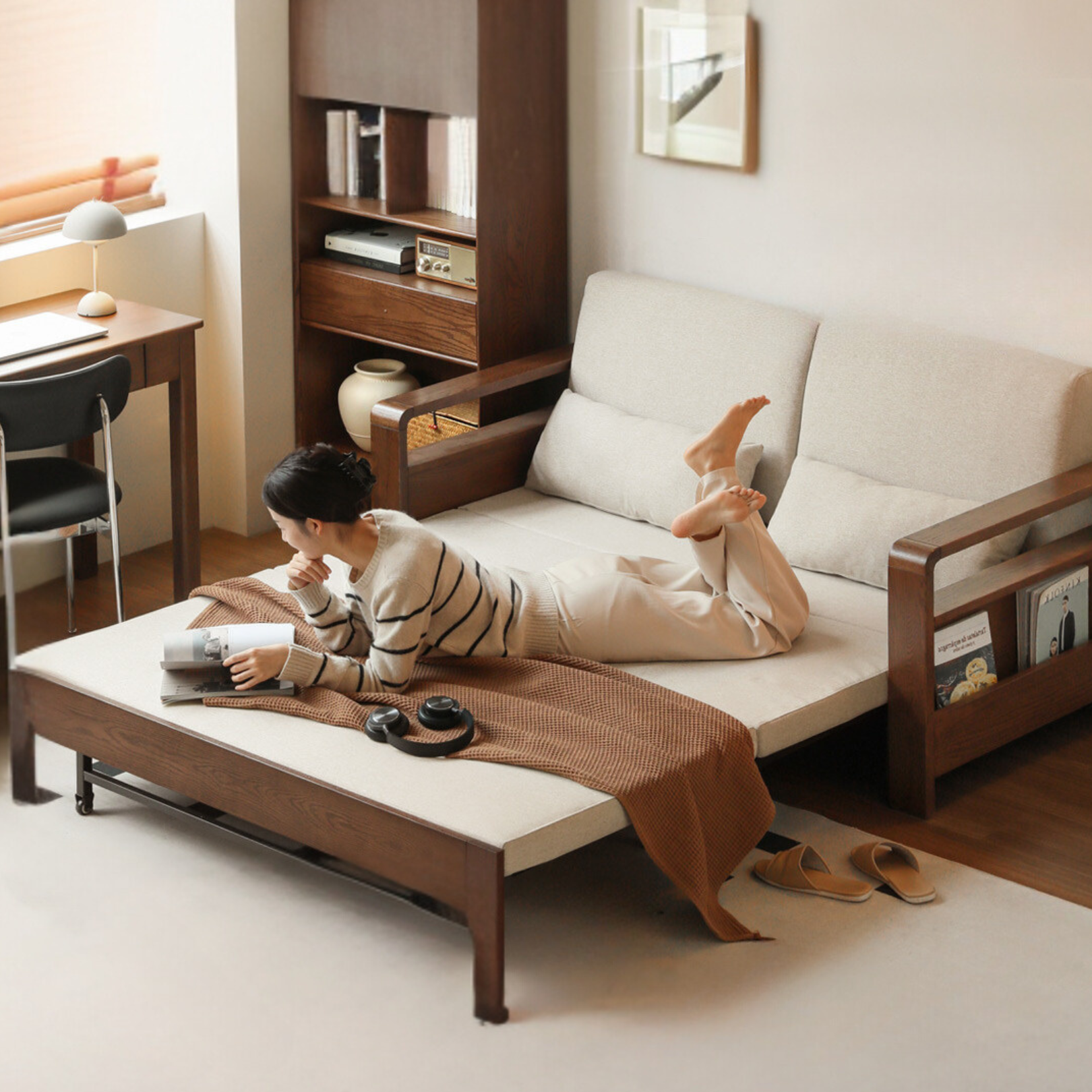 **Oak Solid Wood Folding Sofa Bed – Convertible Sleeper for Small Spaces, Guest Room & Studio Apartments**