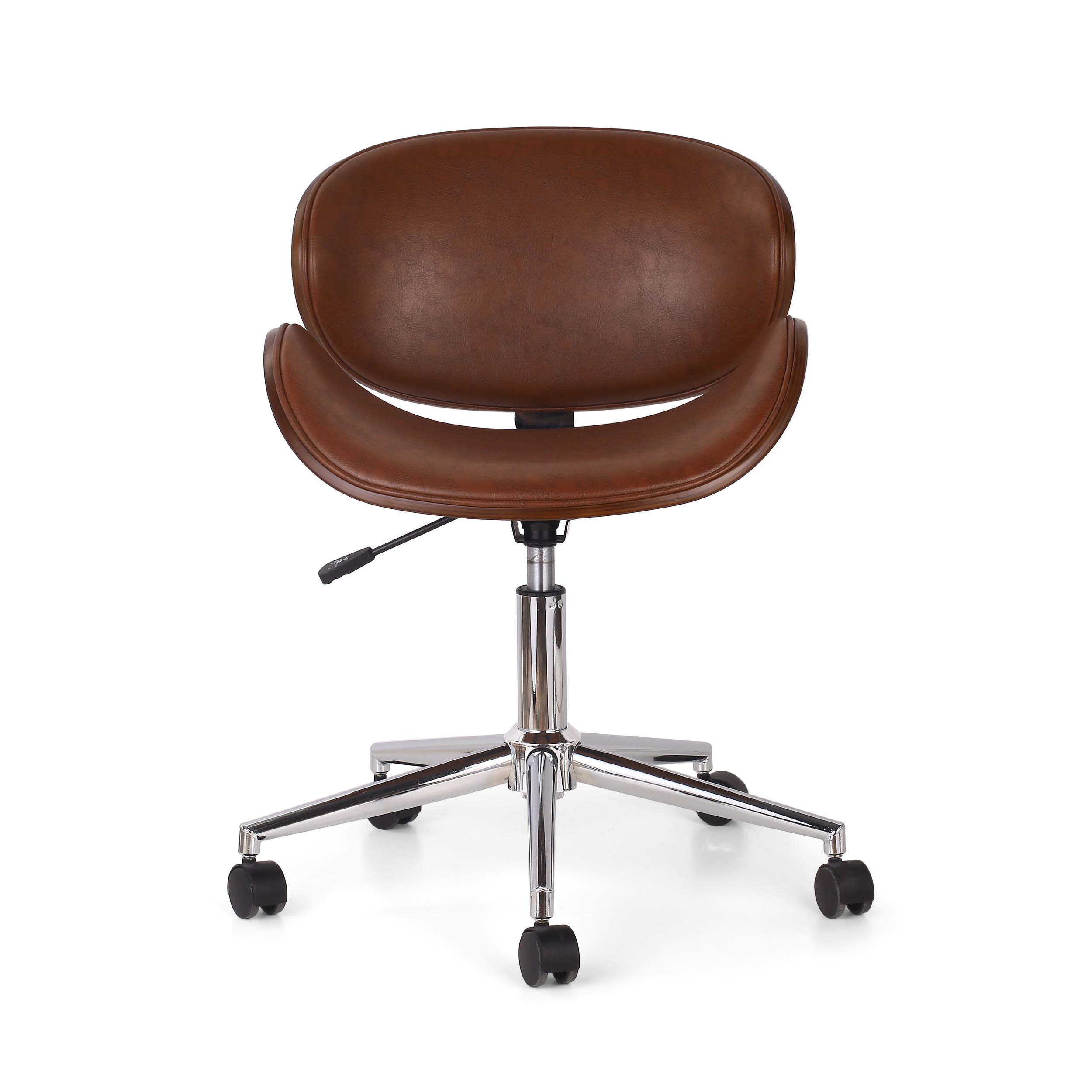 Christopher Knight Home Dawson Armless Office Chair - Cognac Brown Leather, Chrome Base & Walnut Accents - Ergonomic Desk Chair for Home Office, Study & Workspace