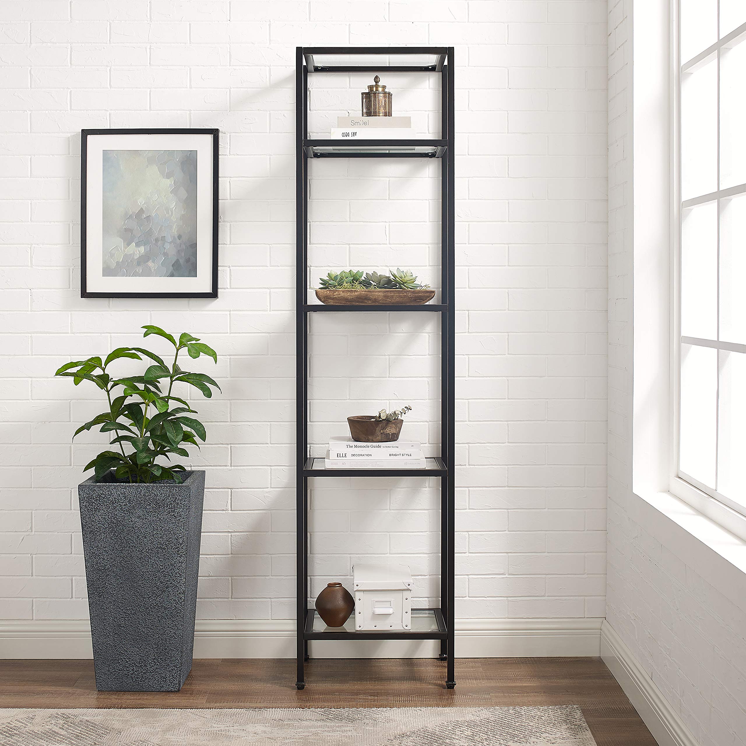Crosley Furniture Aimee Narrow Bookshelf with Glass Shelves - Modern Bookcase Storage in Oil-Rubbed Bronze for Living Room, Office & Bedroom Organization