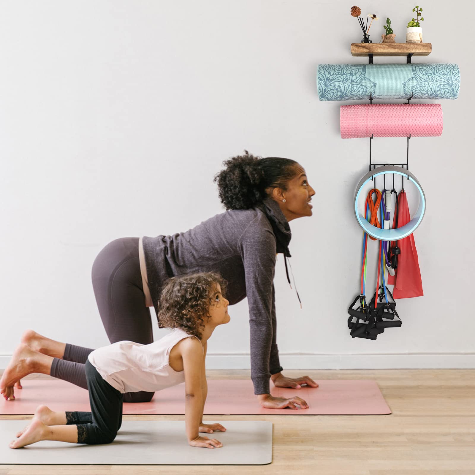 VINAEMO Yoga Mat Holder Wall Mount Organizer - 4 Hooks & Wooden Shelves for Foam Roller, Towel, Resistance Bands Storage - Home Gym, Yoga Studio, Office & School Decor Accessory