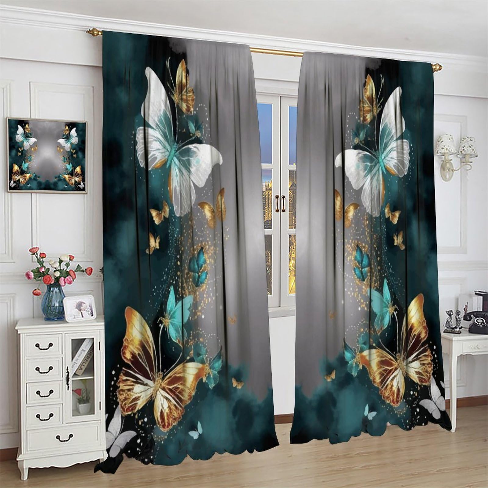 Golden Butterfly Blackout Curtains 42x45 Inch - Elegant Flying Butterfly Design for Bedroom & Living Room Window Treatments | Romantic Style, Light Blocking, Thermal Insulation | Perfect for Nursery, Dorm, or Home Decor