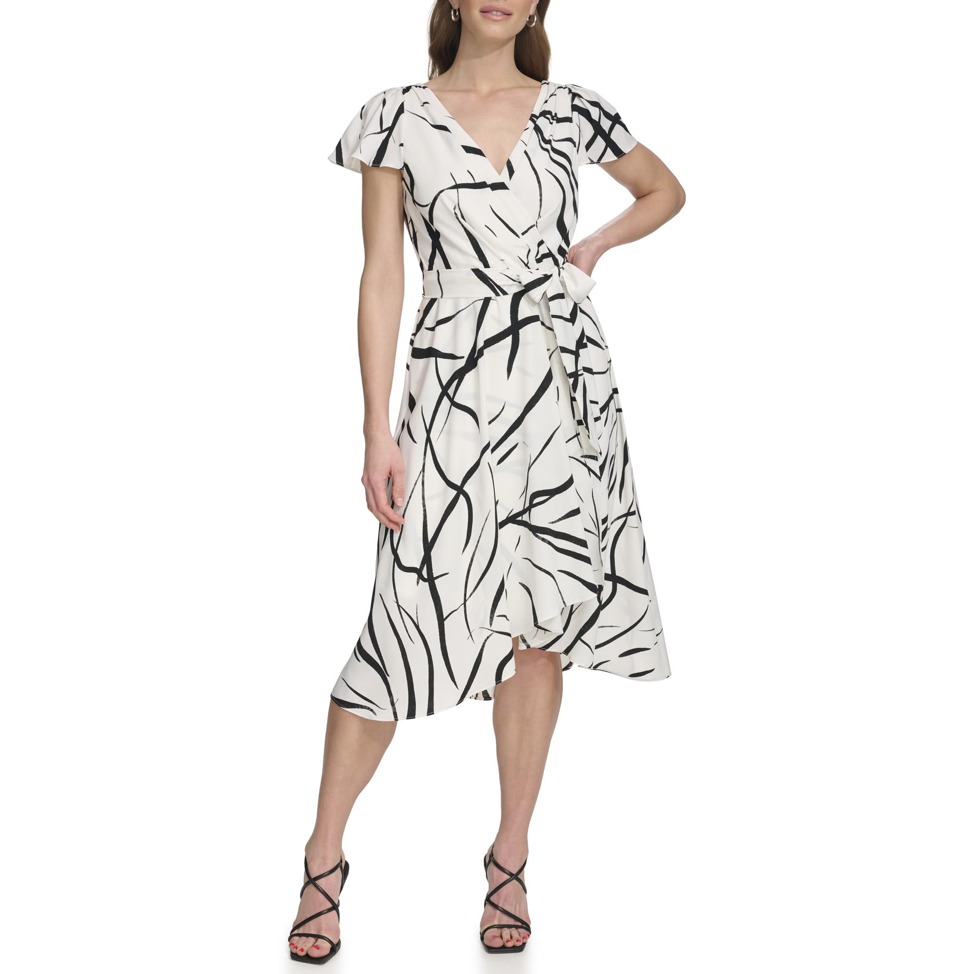 DKNY Women's Flutter Sleeve Faux Wrap Dress - Elegant Casual & Office Wear for Women | Perfect for Work, Date Night & Special Occasions