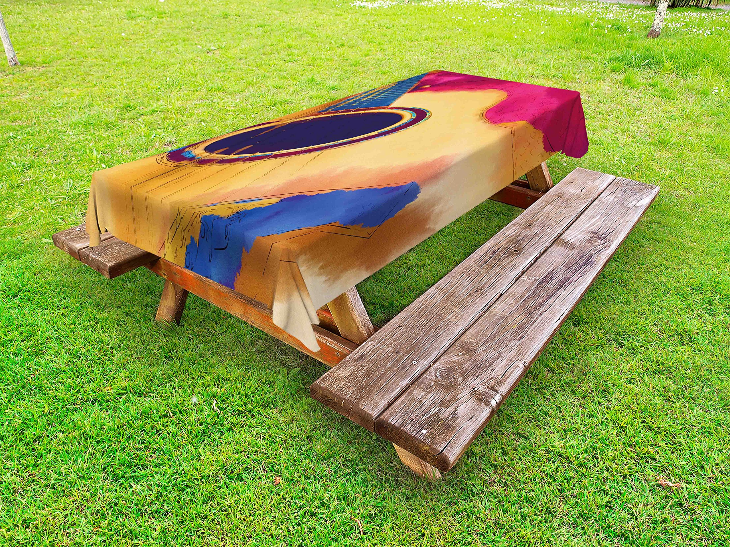 Ambesonne Vintage Guitar Tablecloth - Abstract Strings Watercolor Design, Washable Outdoor Picnic Table Cover 58x104 Inches - Magenta Violet Blue Mustard for Patio, BBQ, Garden Party & Picnic Decor