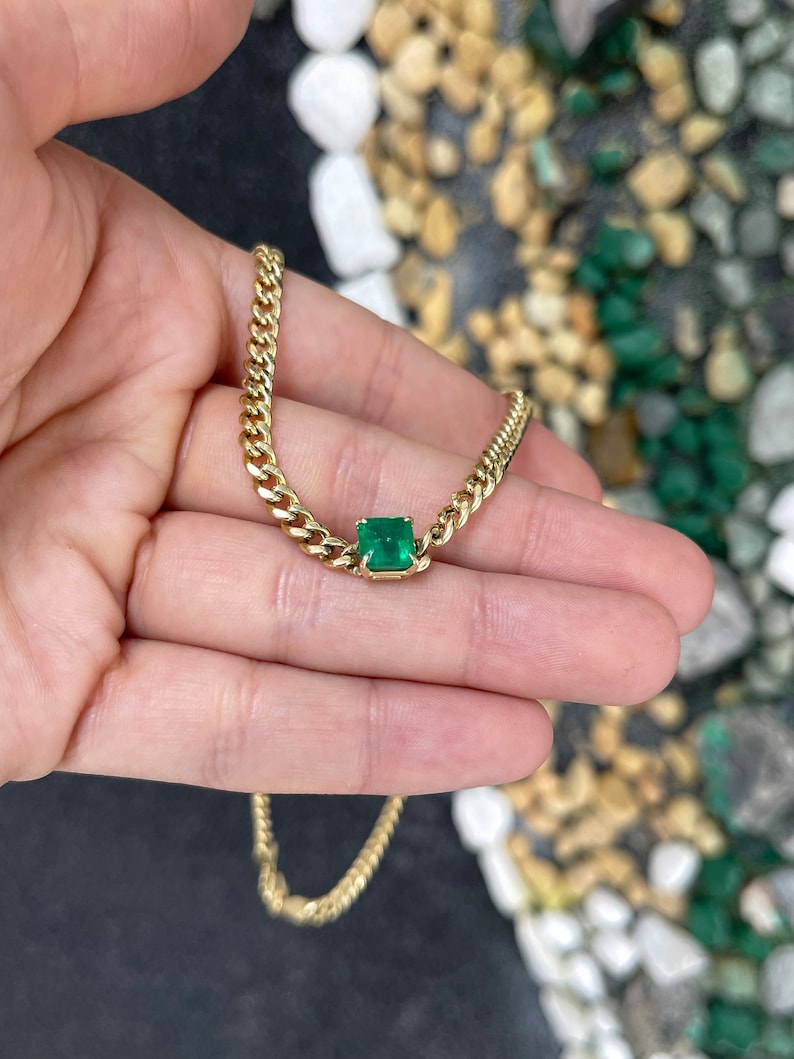 1.84ct Asscher Cut Emerald 14K Gold Cuban Link Choker Necklace for Women - Elegant Statement Jewelry for Parties, Weddings & Special Occasions