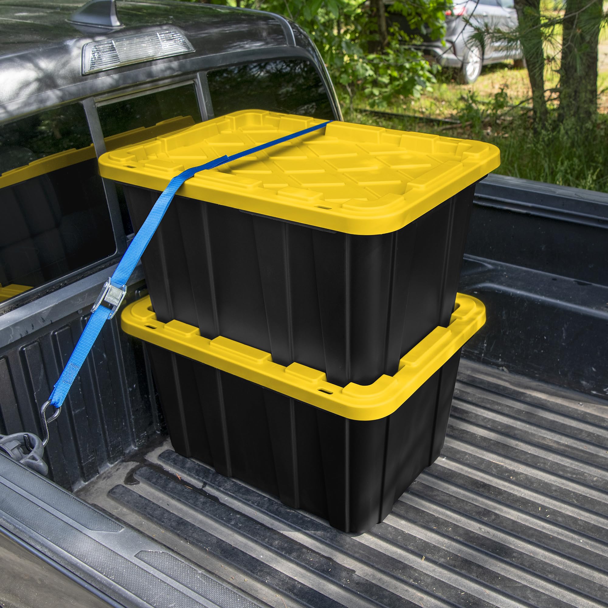 Sterilite 6-Pack Heavy Duty Stackable Storage Bins with Lids - 27 Gallon Black & Yellow Plastic Totes for Home Organization, Garage, and Office Storage