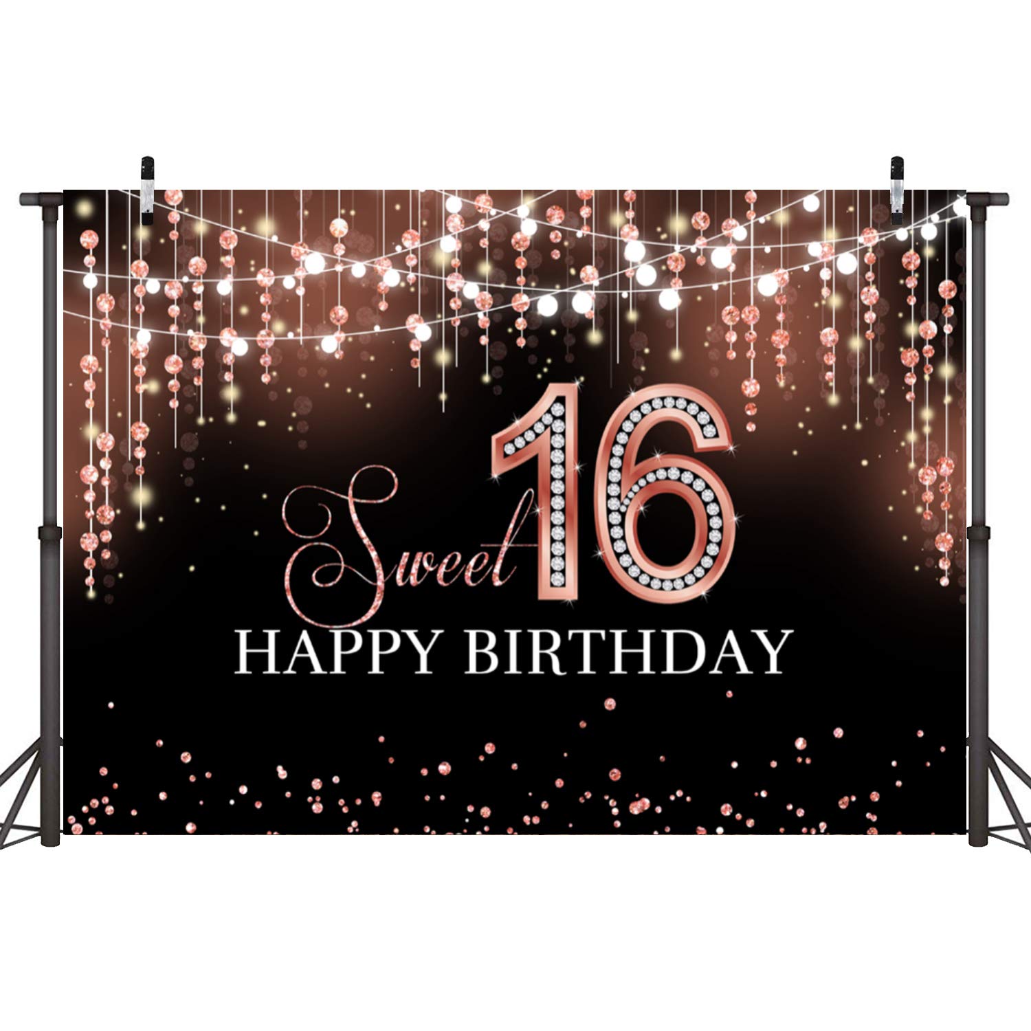 Rose Gold Glitter Dots Diamond Princess Sweet 16 Birthday Backdrop - 5x3ft Photography Background for Girls' 16th Birthday Party Decor, Photo Booth & Celebration Scenes