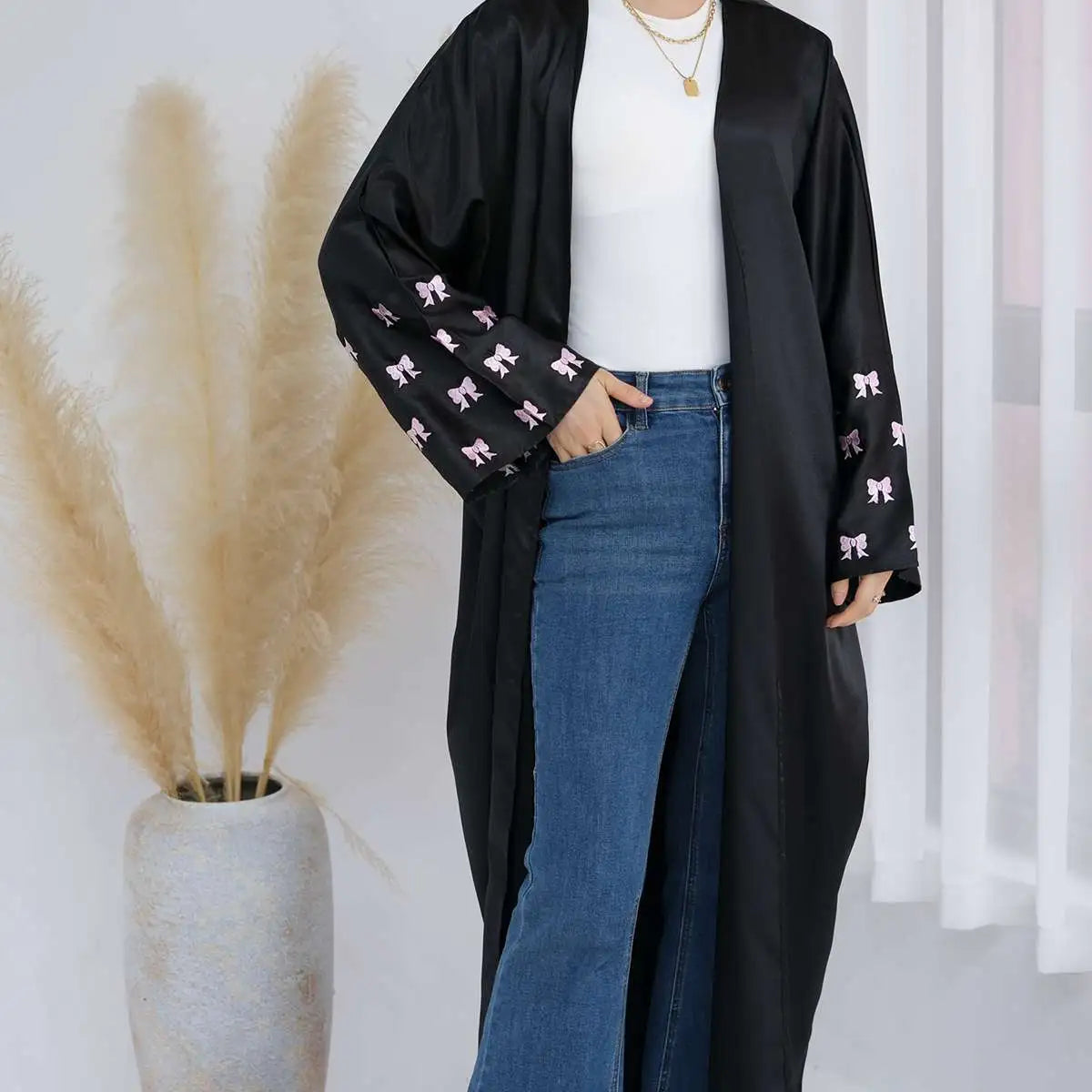 Elegant Bows Embroidery Sleeve Cardigan Open Abaya Dress - Modest Muslim Fashion for Women, Perfect for Prayer, Special Occasions & Everyday Wear
