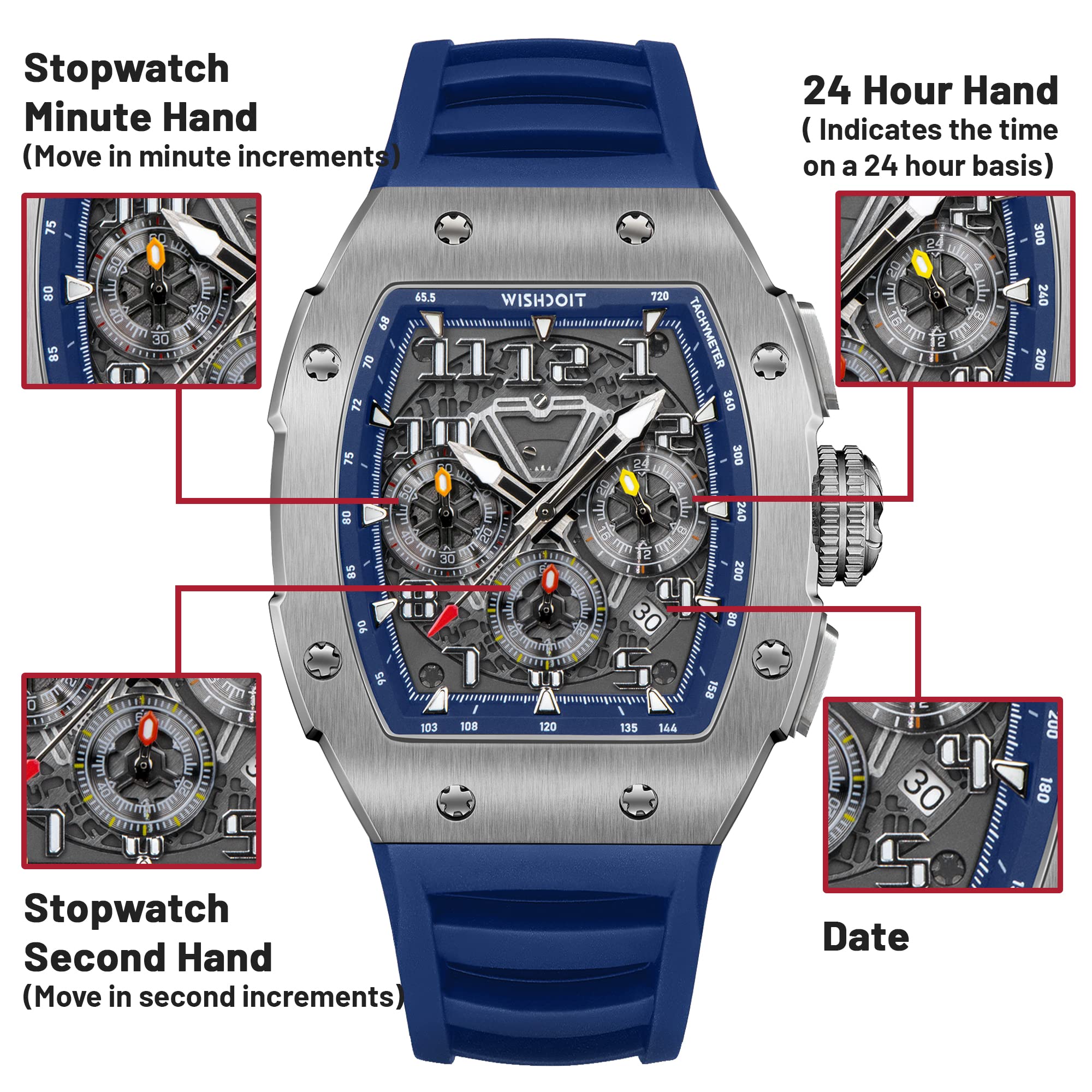 WISHDOIT GT Chronograph Men's Luxury Tonneau Watch with Date Calendar, Luminous Hands, 100M Waterproof, FKM Rubber Strap - Sport, Dress & Casual Wristwatch for Everyday Wear, Business Meetings & Outdoor Activities
