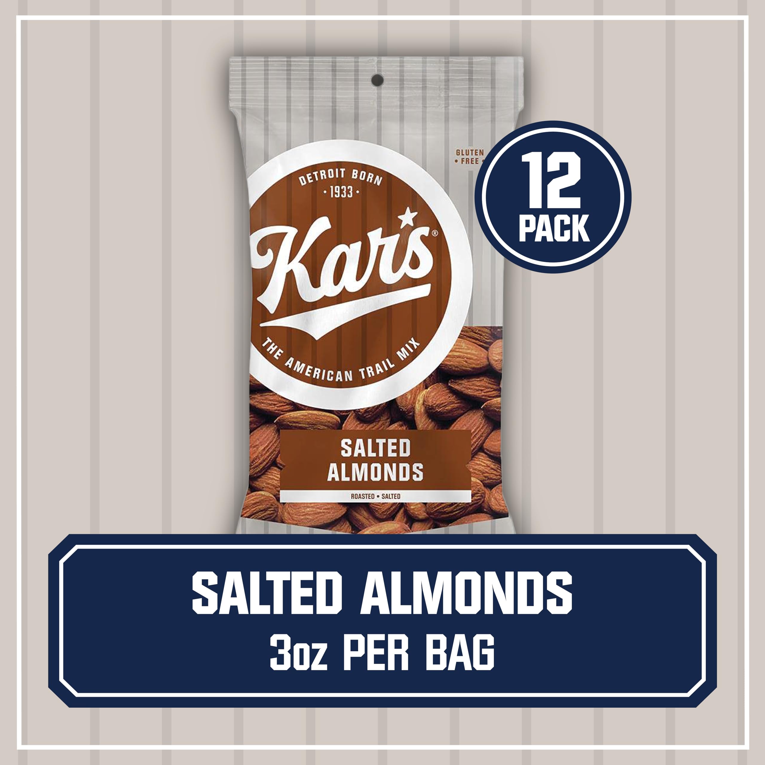 Kar's Nuts Roasted & Salted Almonds - 3 oz Individual Snack Packs (12 Pack) | Gluten-Free, Healthy Snacks for Office, School & Travel | Bulk Almonds for Weight Loss & Keto Diet